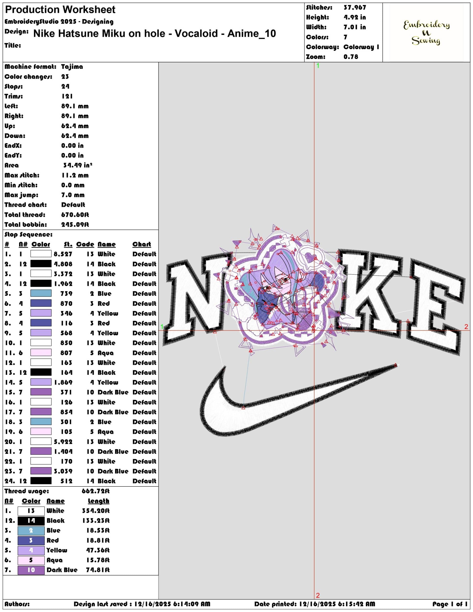 Nike Hatsune Miku on hole Vocaloid Anime- Elegant embroidery design file - instant download — view 3