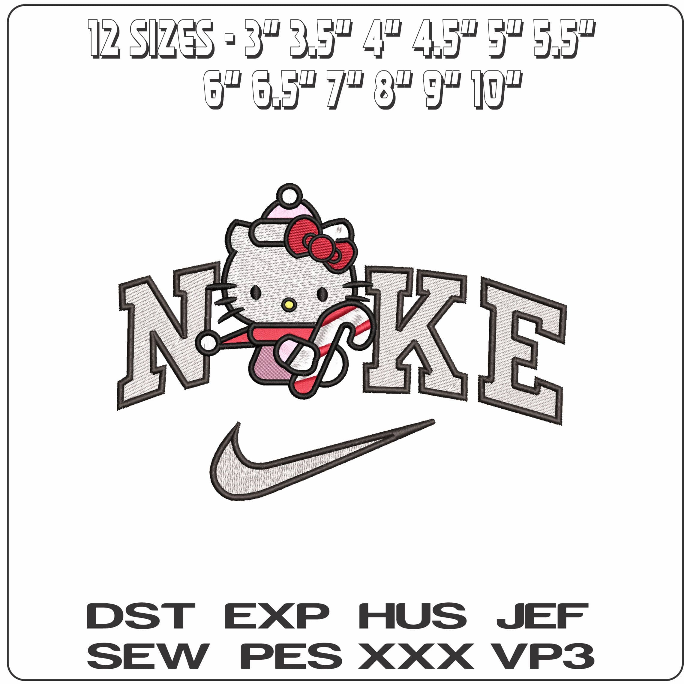 Nike Hello Kitty Candy Cane- Elegant embroidery design file - instant download — view 2