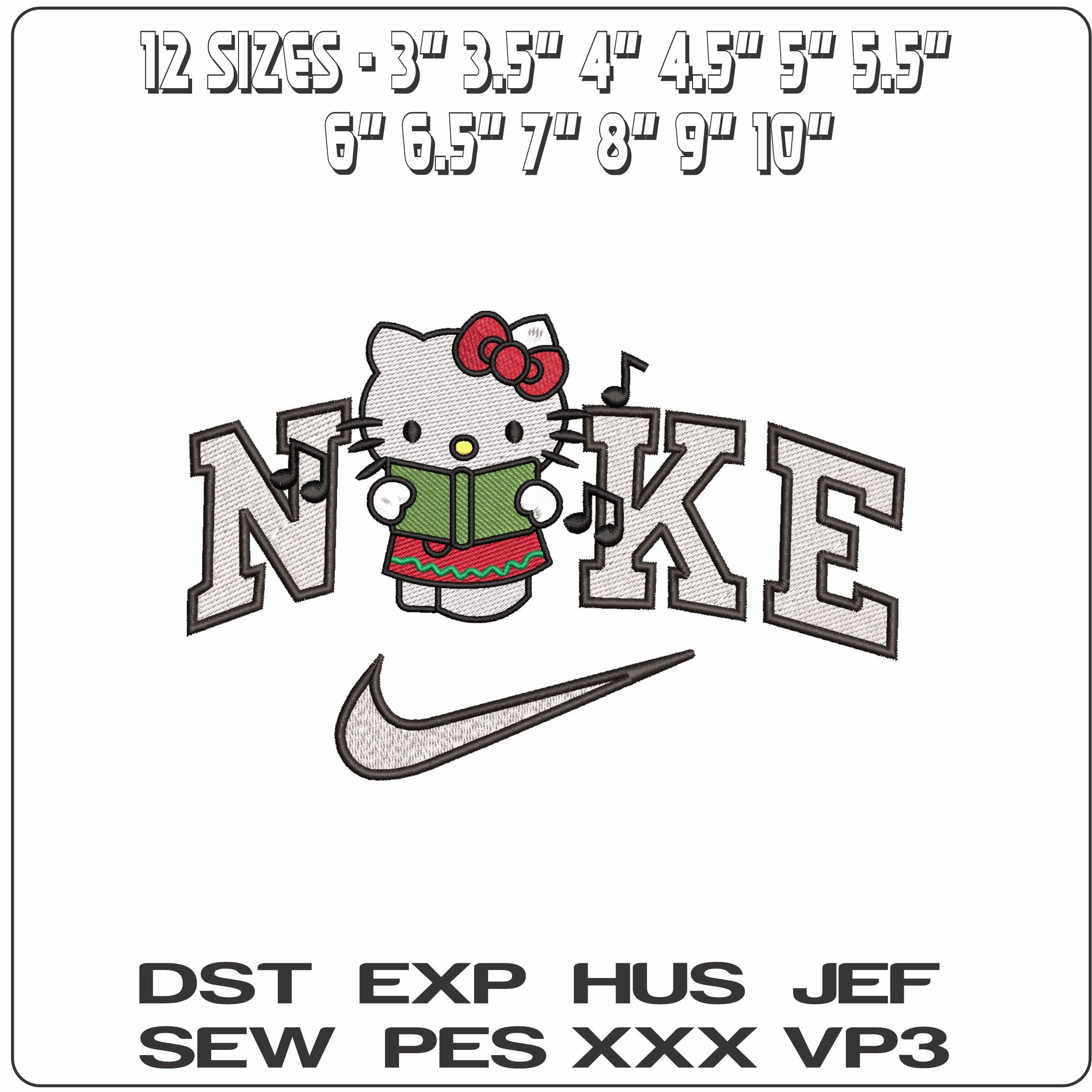 Nike Hello Kitty Carol Singing- Elegant embroidery design file - instant download — view 2