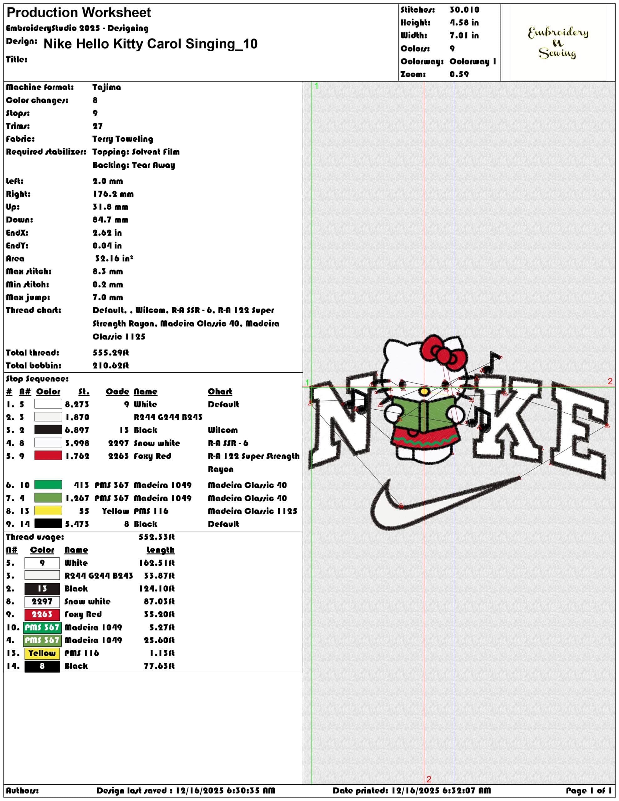 Nike Hello Kitty Carol Singing- Elegant embroidery design file - instant download — view 3