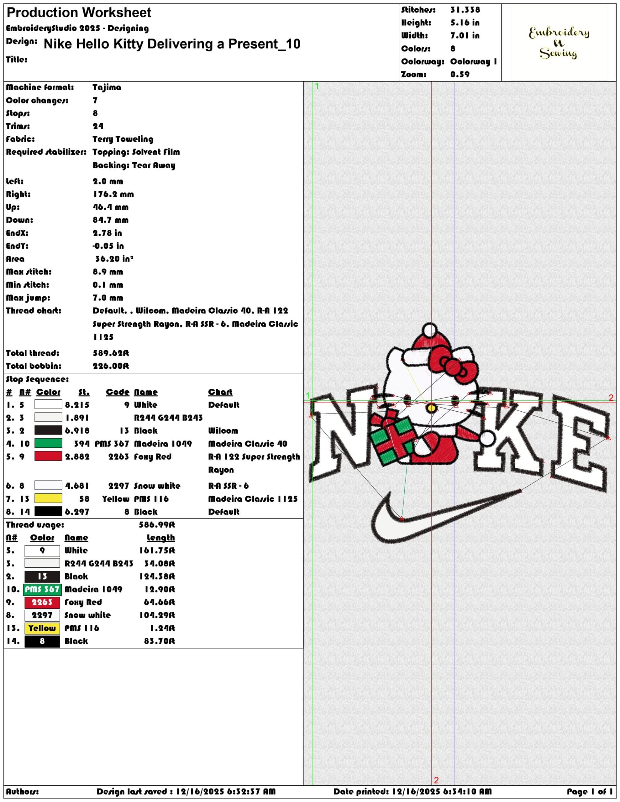 Nike Hello Kitty Delivering a Present- Elegant embroidery design file - instant download — view 3