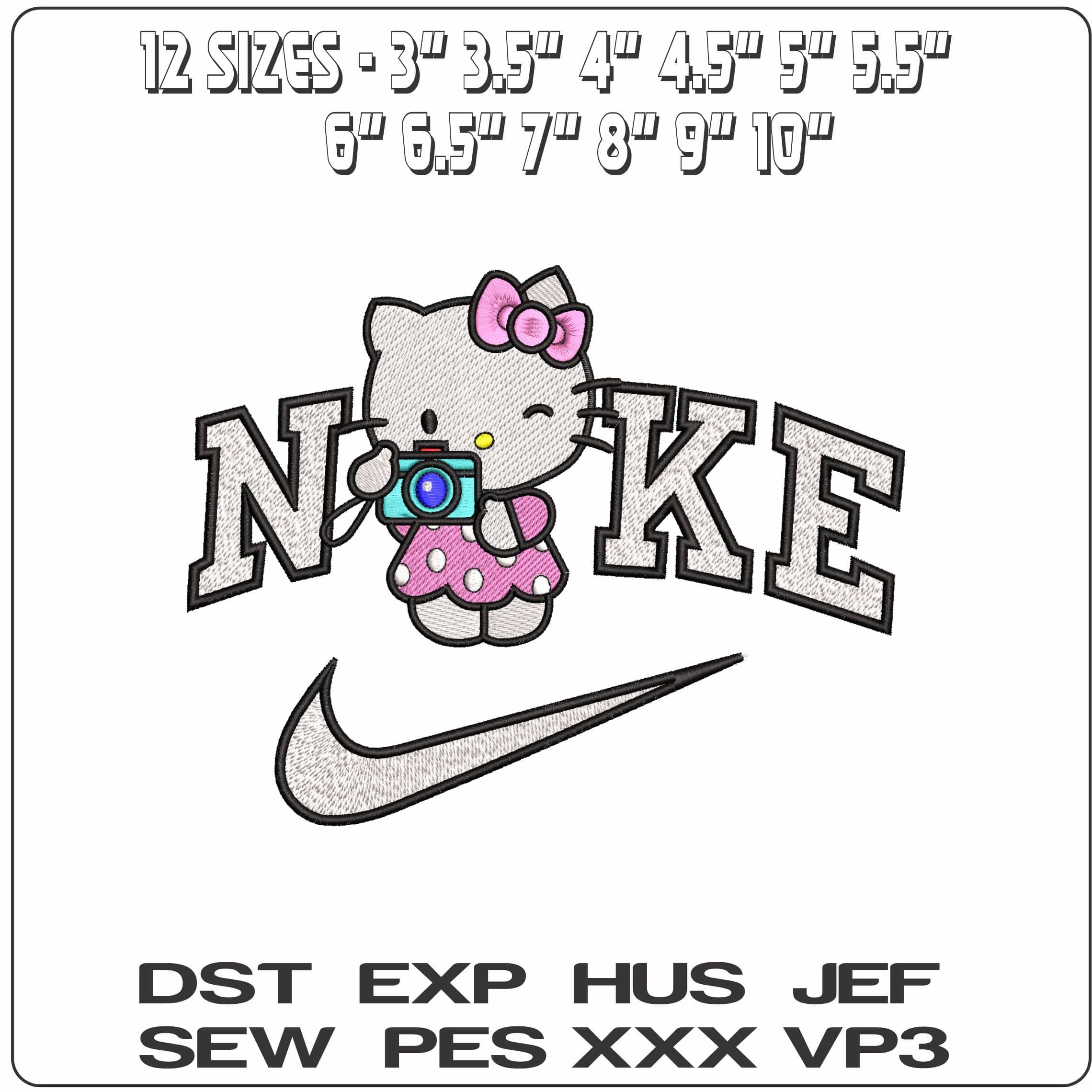 Nike Hello Kitty Photographer- Elegant embroidery design file - instant download — view 2