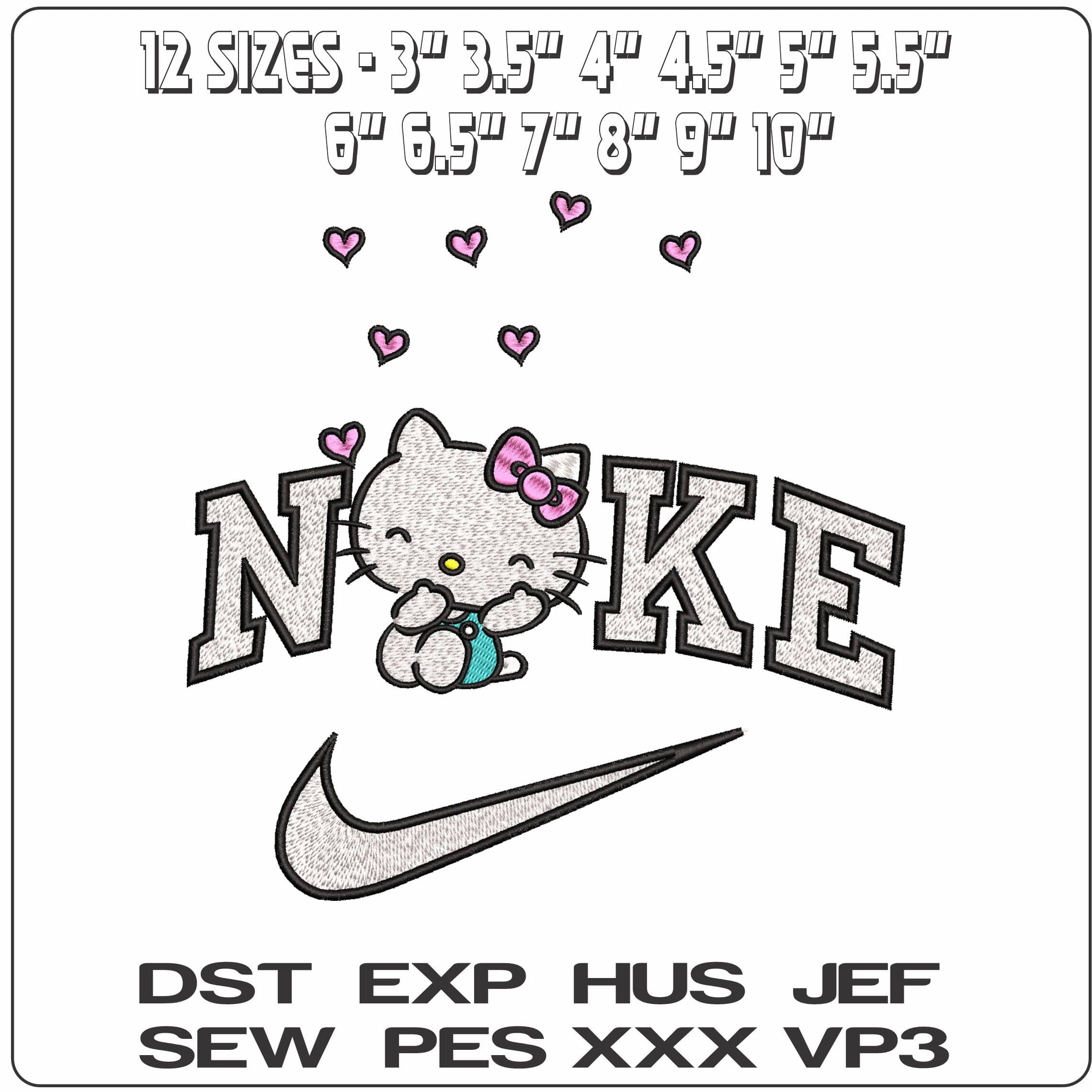 Nike Hello Kitty Sitting Down Hearts radiating- Elegant embroidery design file - instant download — view 2