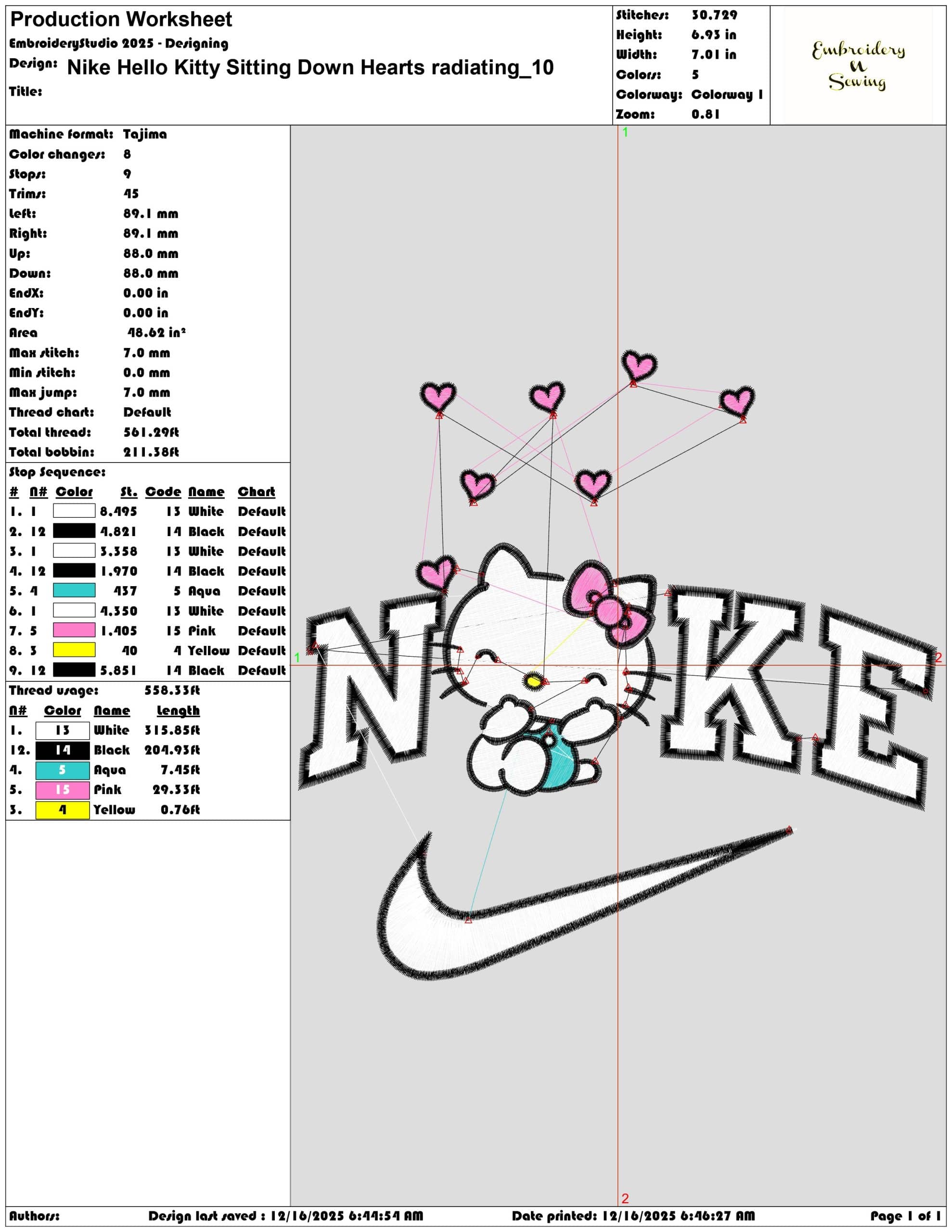 Nike Hello Kitty Sitting Down Hearts radiating- Elegant embroidery design file - instant download — view 3