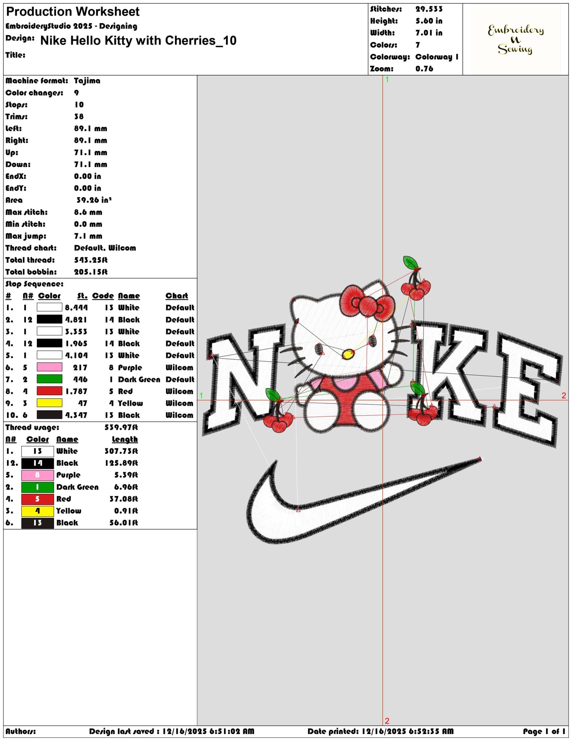 Nike Hello Kitty with Cherries- Elegant embroidery design file - instant download — view 3