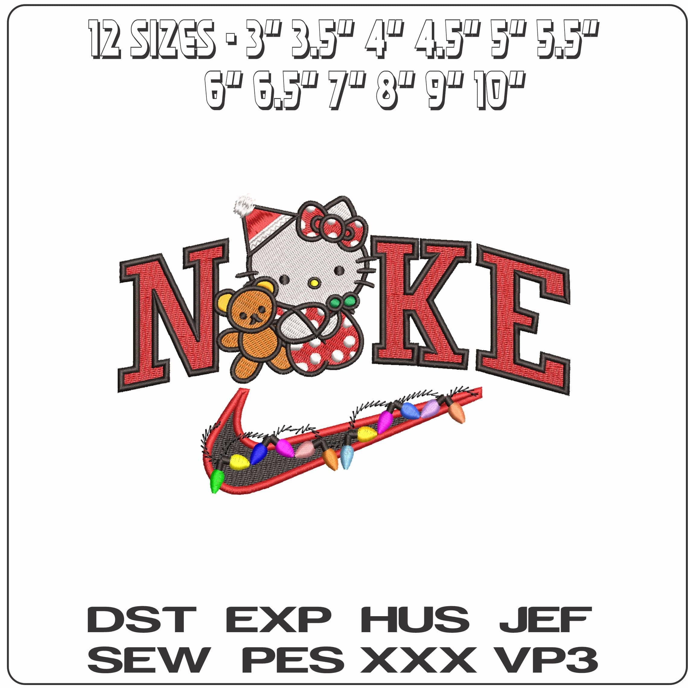 Nike Hello Kitty with Teddy Xmas Lights- Elegant embroidery design file - instant download — view 2