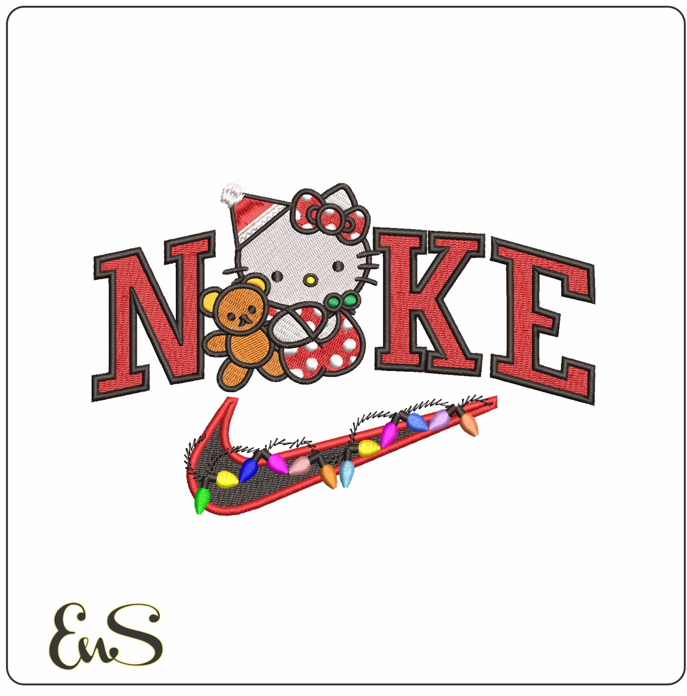Nike Hello Kitty with Teddy Xmas Lights- Elegant embroidery design file - instant download