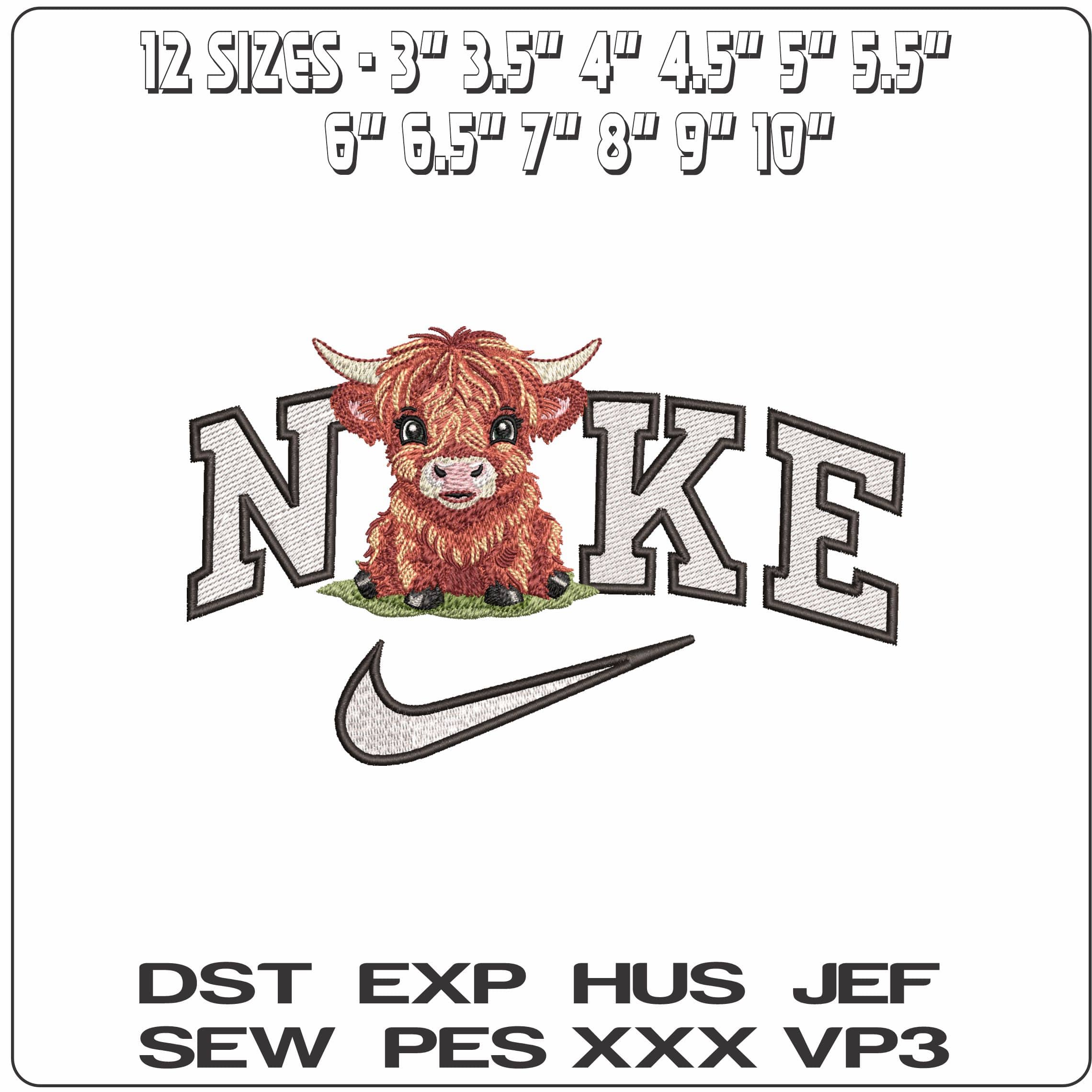 Nike Highland cow on Grass- Elegant embroidery design file - instant download — view 2