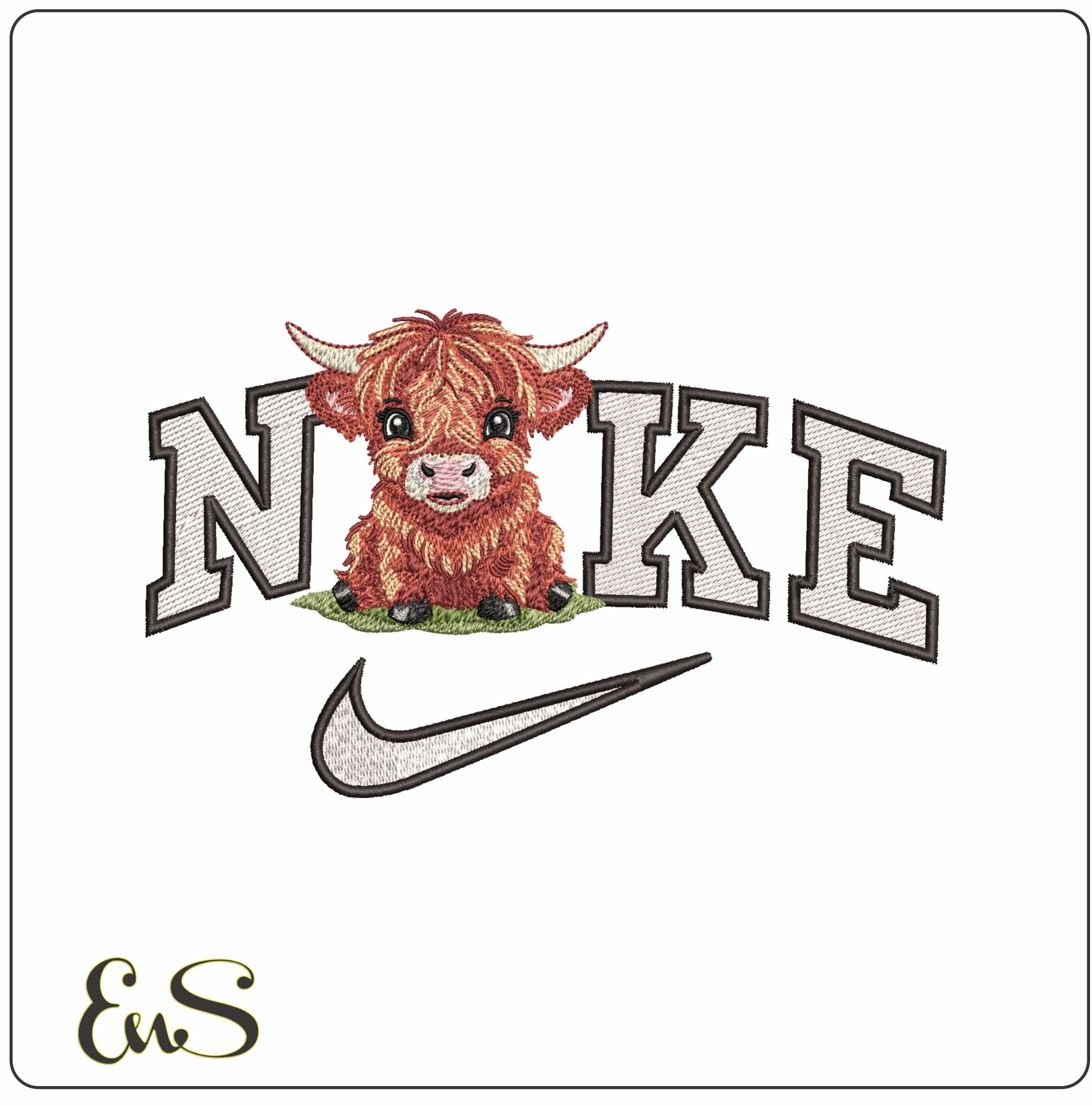 Nike Highland cow on Grass- Elegant embroidery design file - instant download