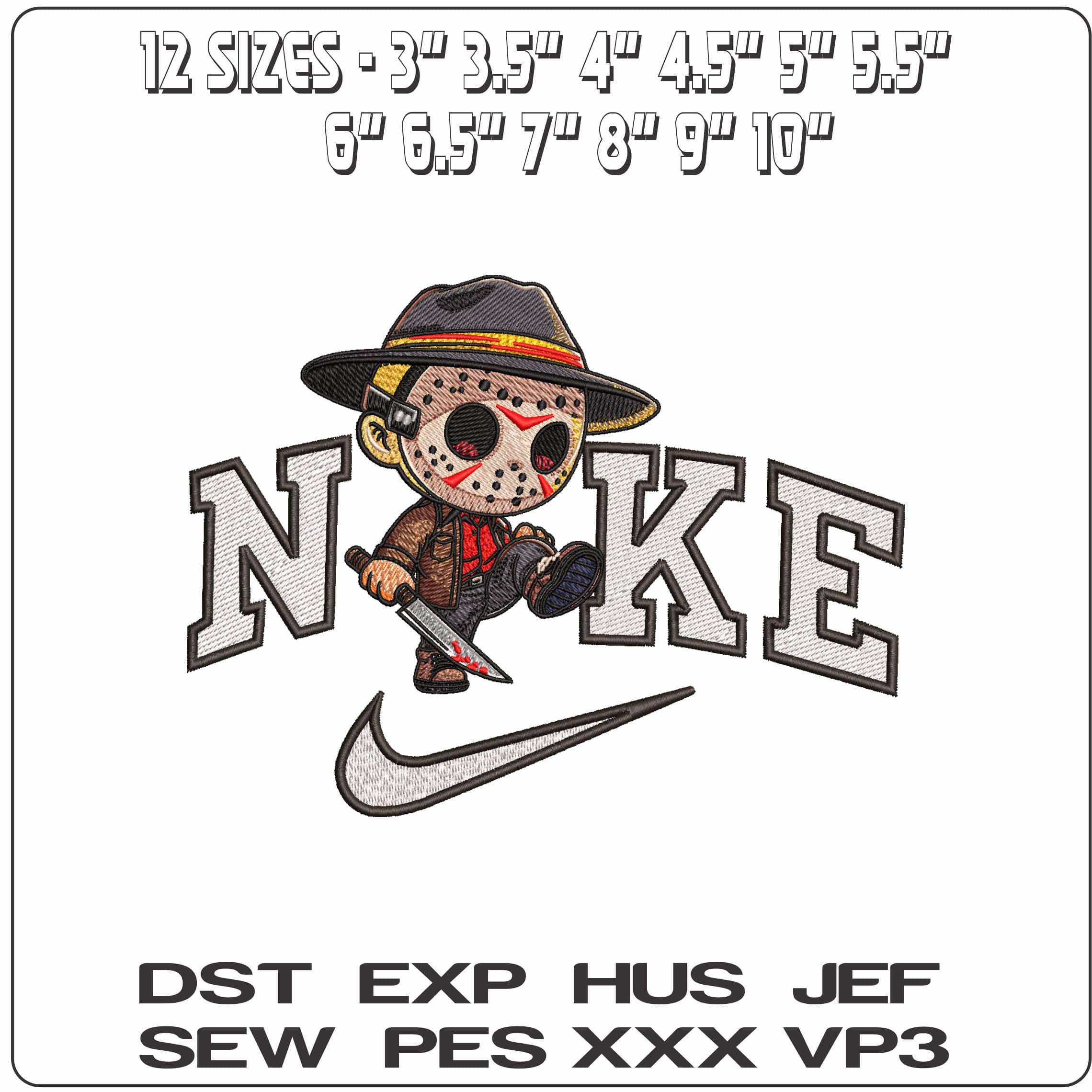 Nike Jason Voorhees Chibi Friday 13 Halloween Foot up- Elegant embroidery design file - instant download — view 2
