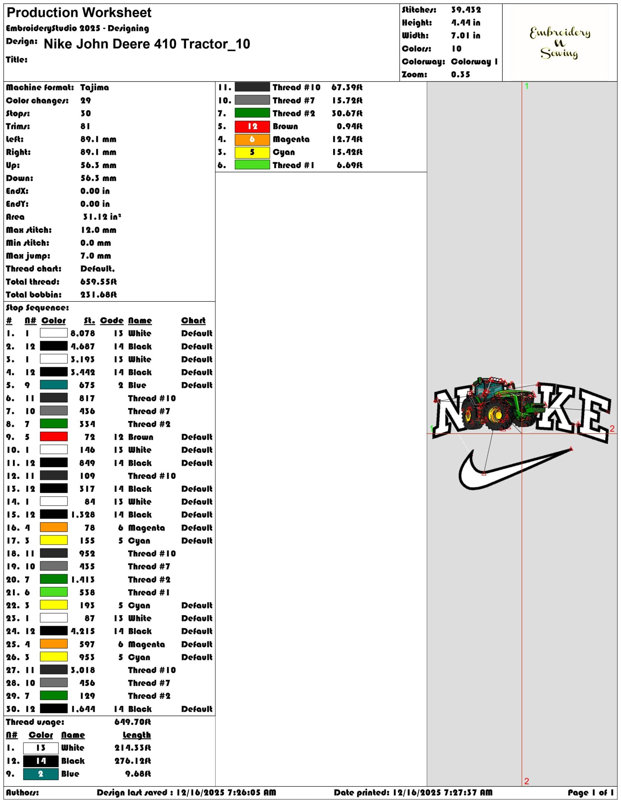 Nike John Deere 410 Tractor- Elegant embroidery design file - instant download — view 3