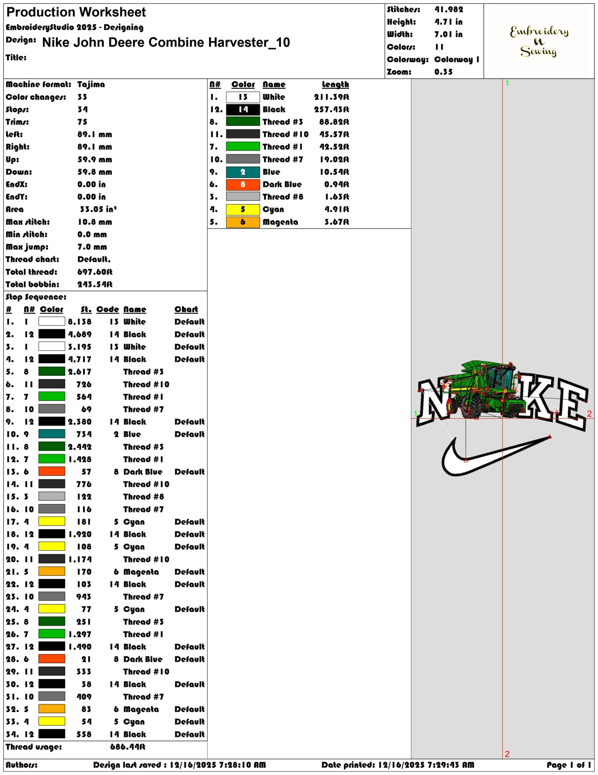 Nike John Deere Combine Harvesterr- Elegant embroidery design file - instant download — view 3