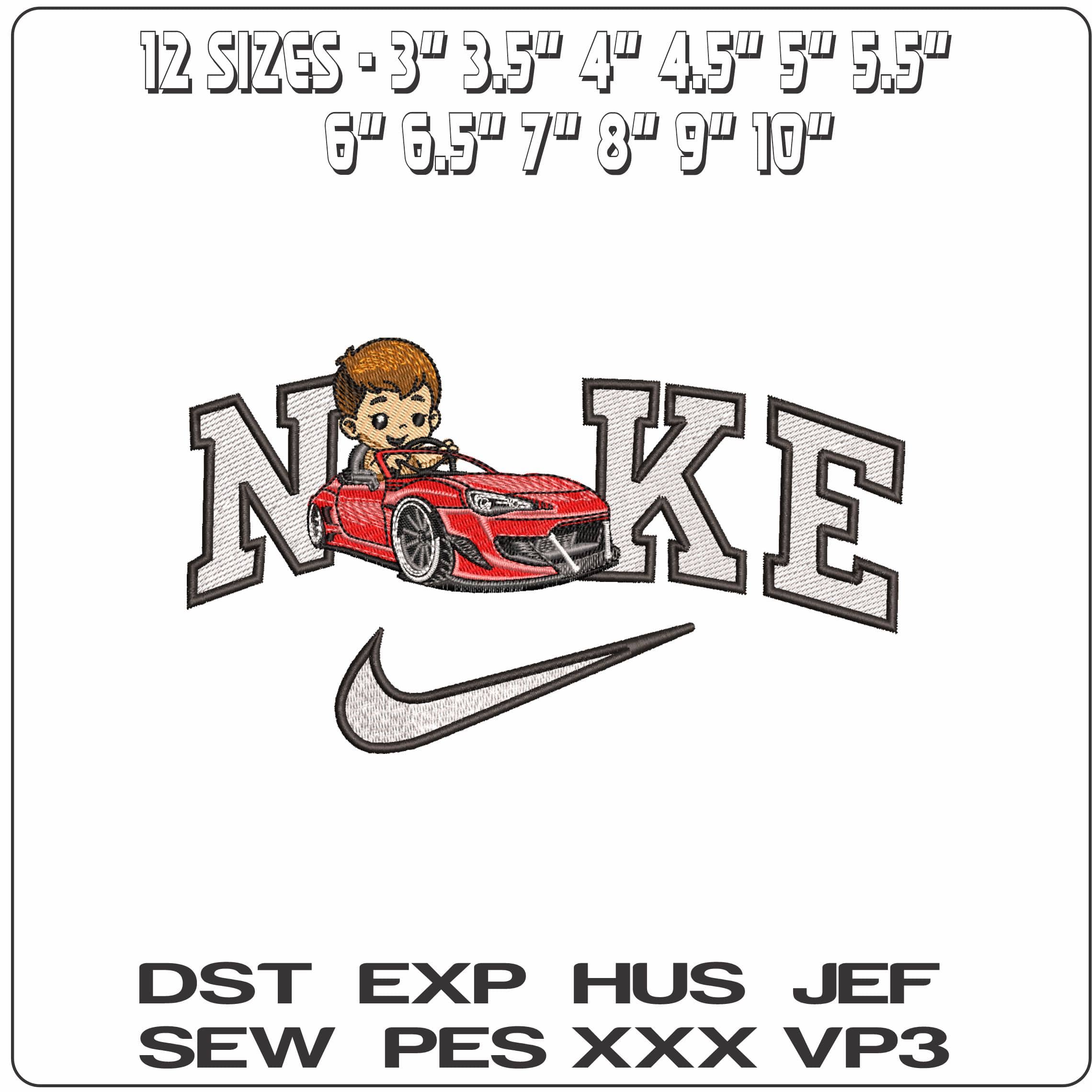 Nike Kid in sports car- Elegant embroidery design file - instant download — view 2