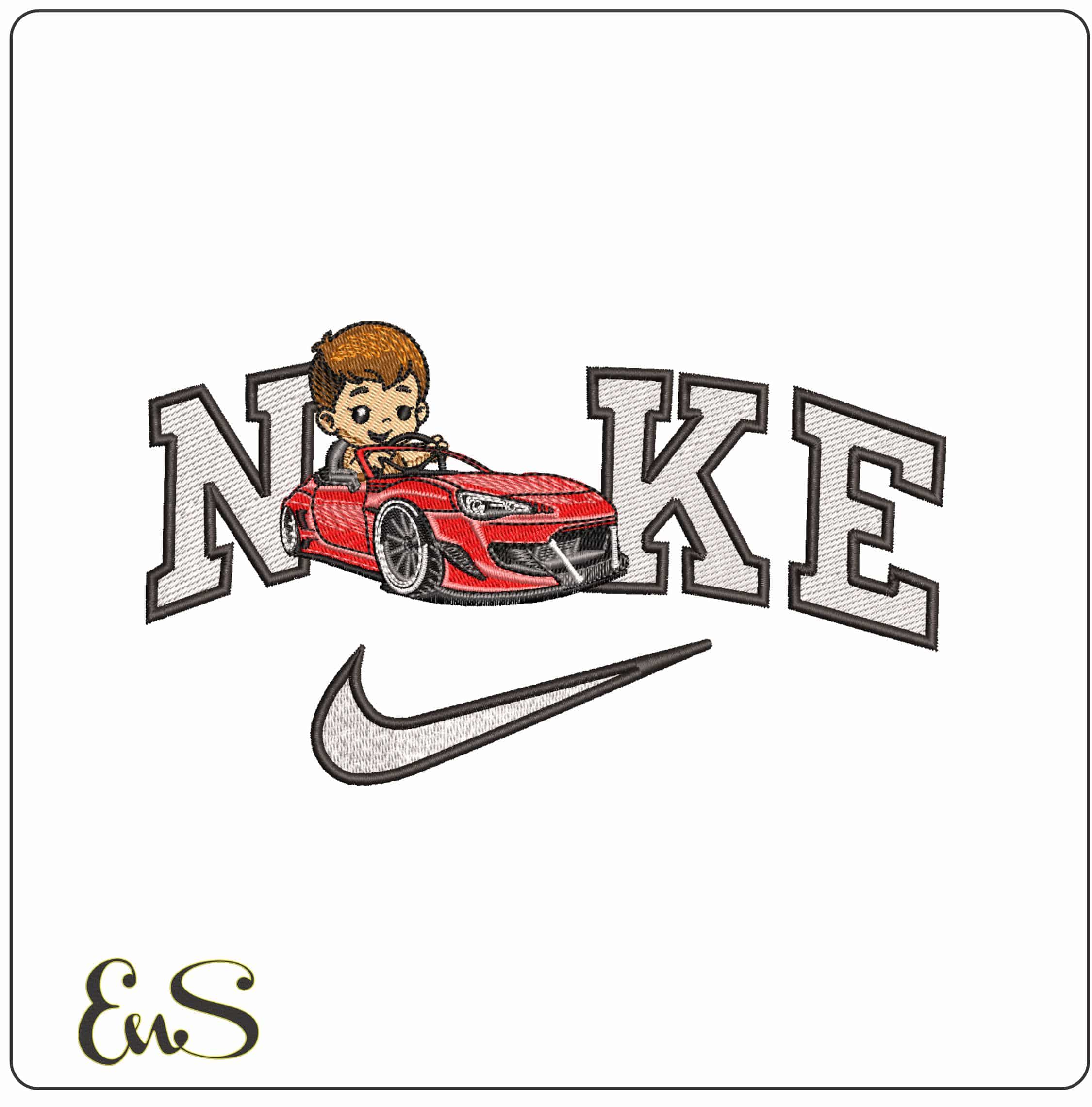 Nike Kid in sports car- Elegant embroidery design file - instant download