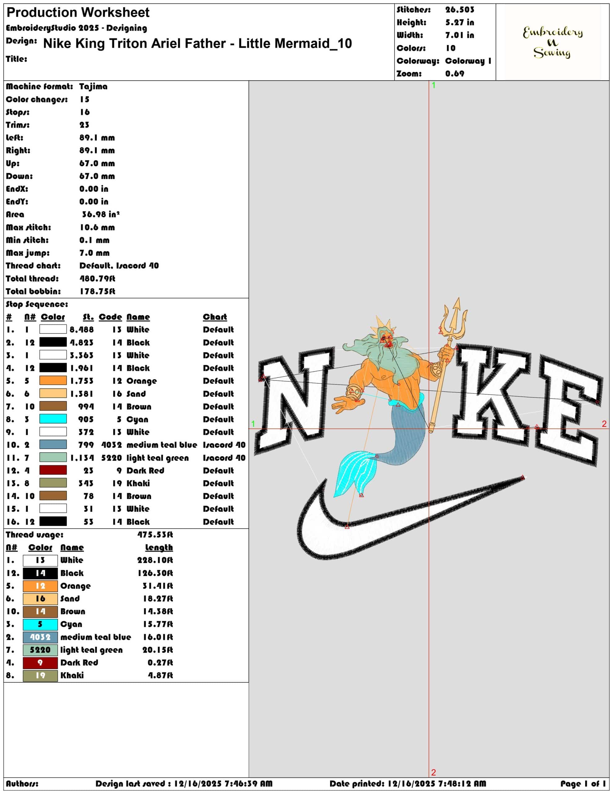 Nike King Triton Ariel Father Little Mermaid- Elegant embroidery design file - instant download — view 3