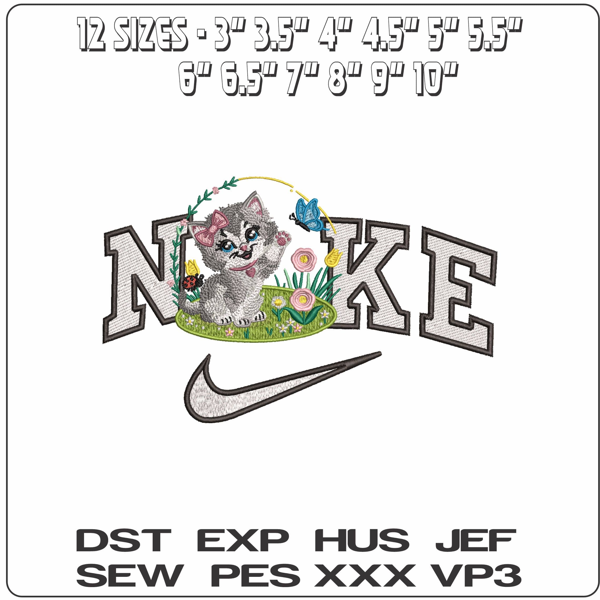 Nike Kitten playing with Butterfly with flowers- Elegant embroidery design file - instant download — view 2