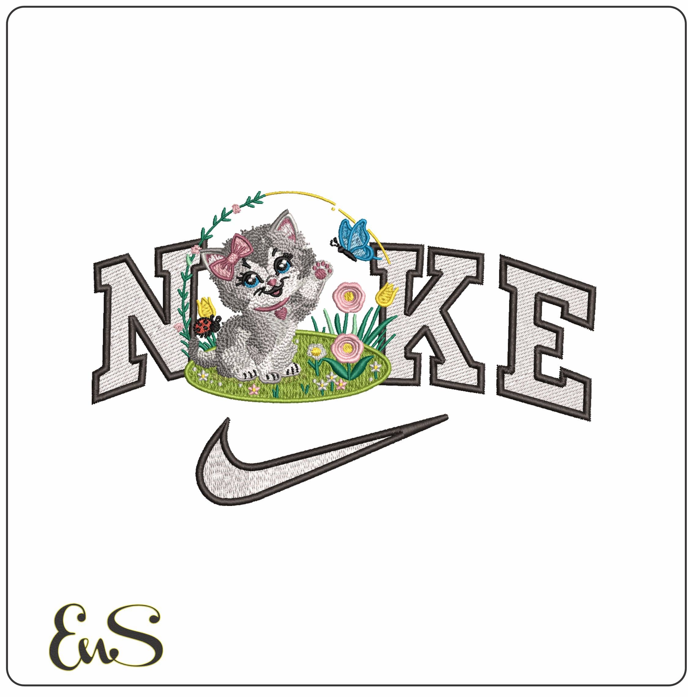 Nike Kitten playing with Butterfly with flowers- Elegant embroidery design file - instant download