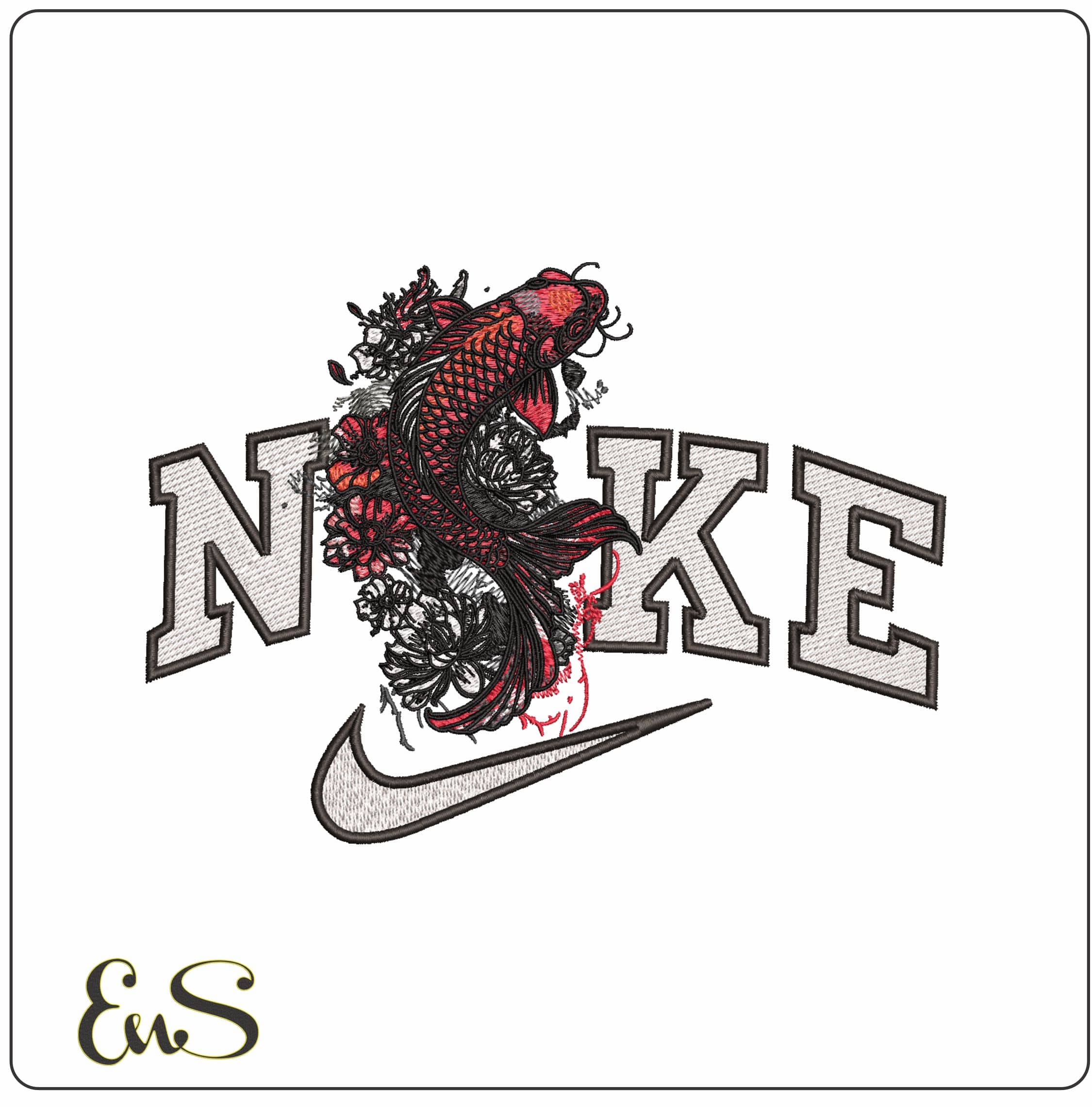 Nike Koi Carp in the Lillies- Elegant embroidery design file - instant download