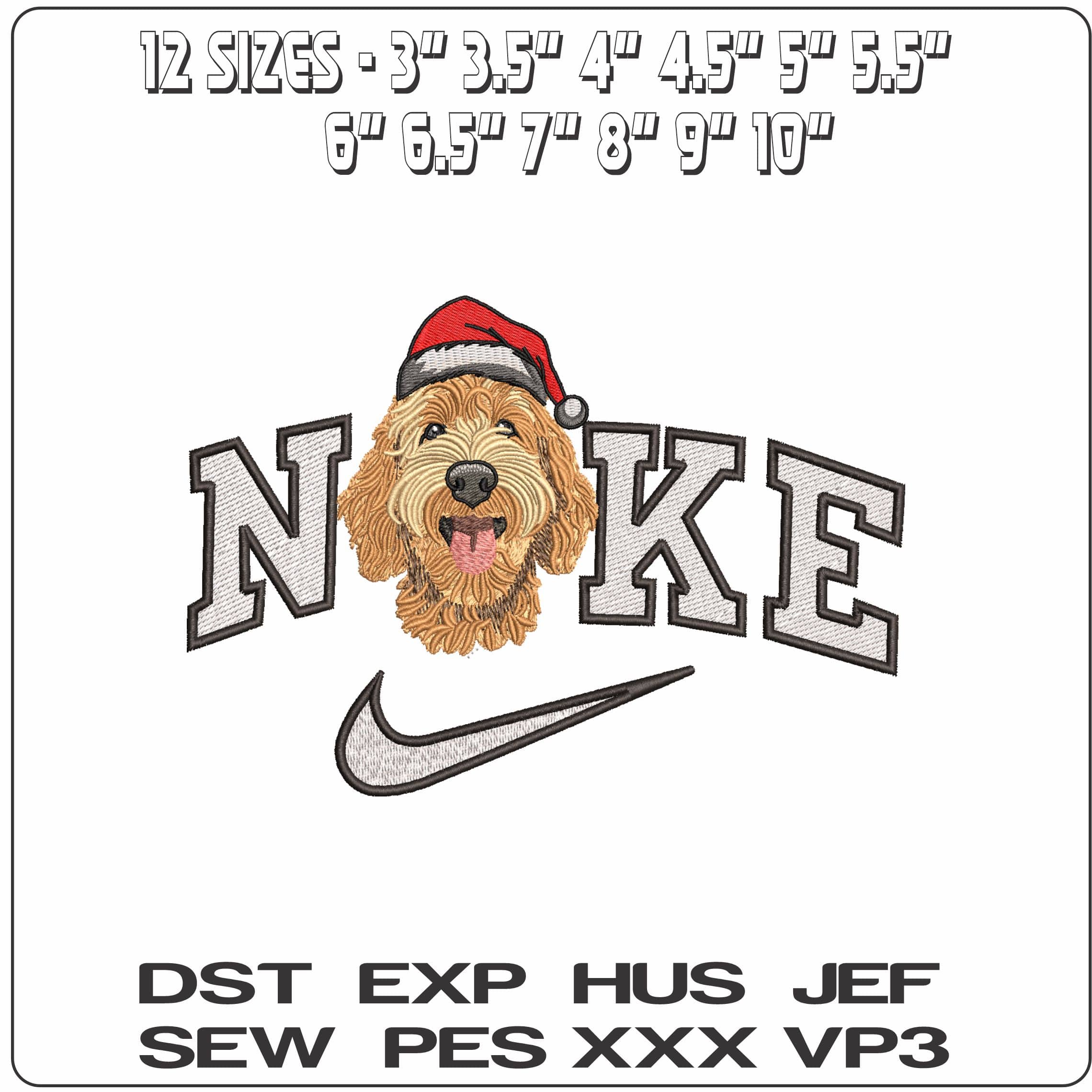 Nike LabraPoodle Dog Head with Xmas Hat- Elegant embroidery design file - instant download — view 2