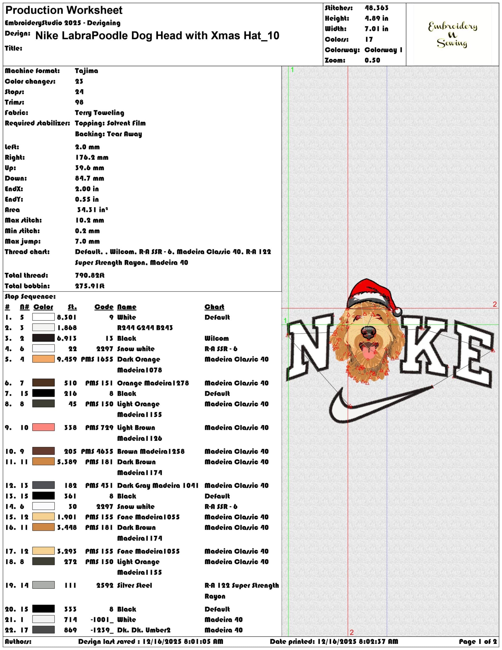 Nike LabraPoodle Dog Head with Xmas Hat- Elegant embroidery design file - instant download — view 3