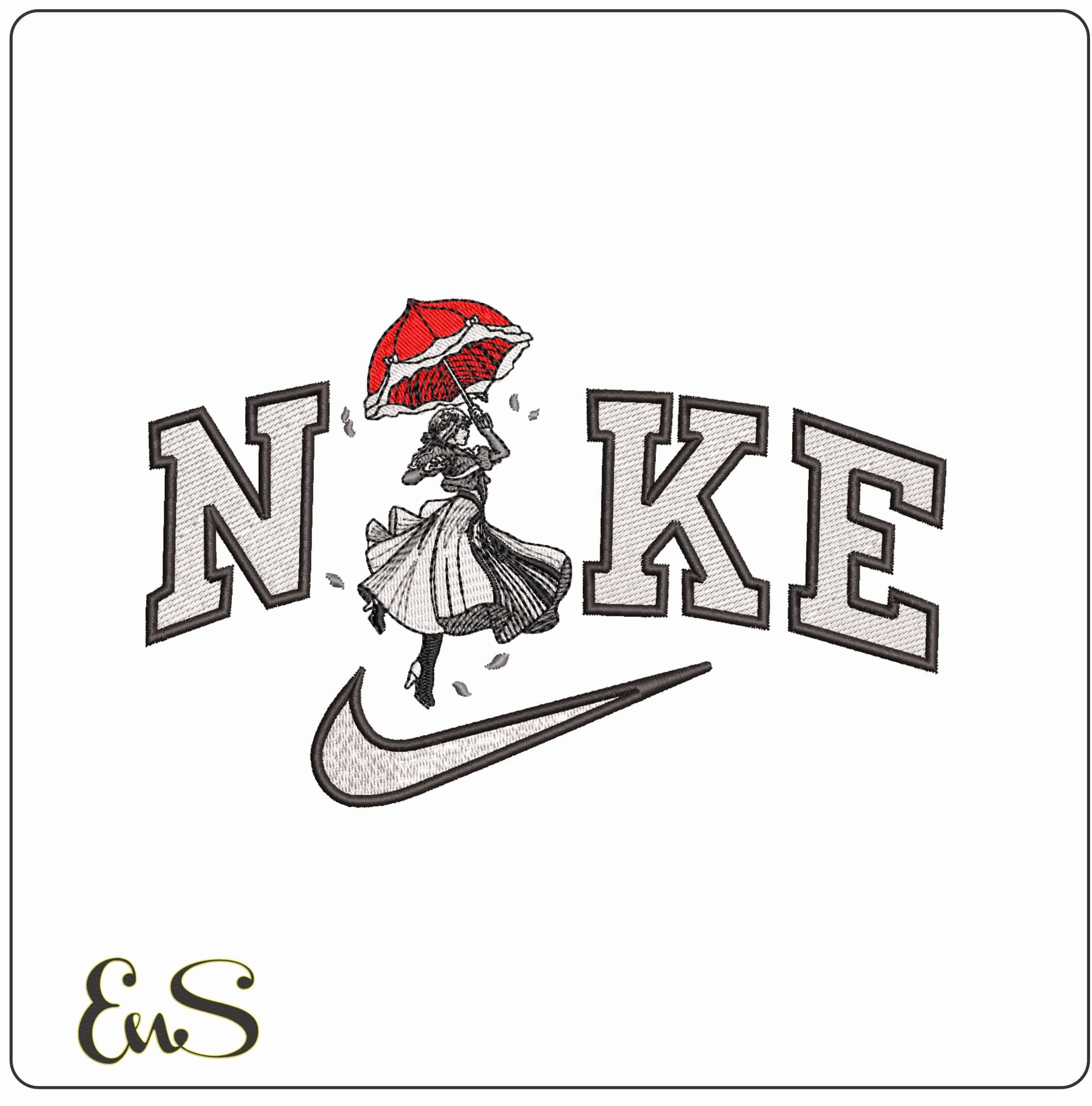 Nike Lady with Umbrella in Wind- Elegant embroidery design file - instant download