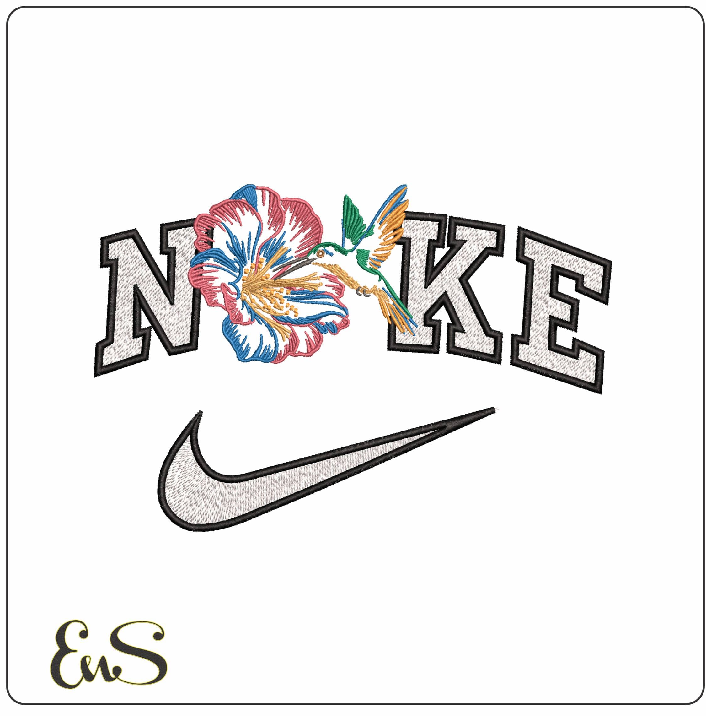 Nike Lilly with Humming Bird Line art- Elegant embroidery design file - instant download
