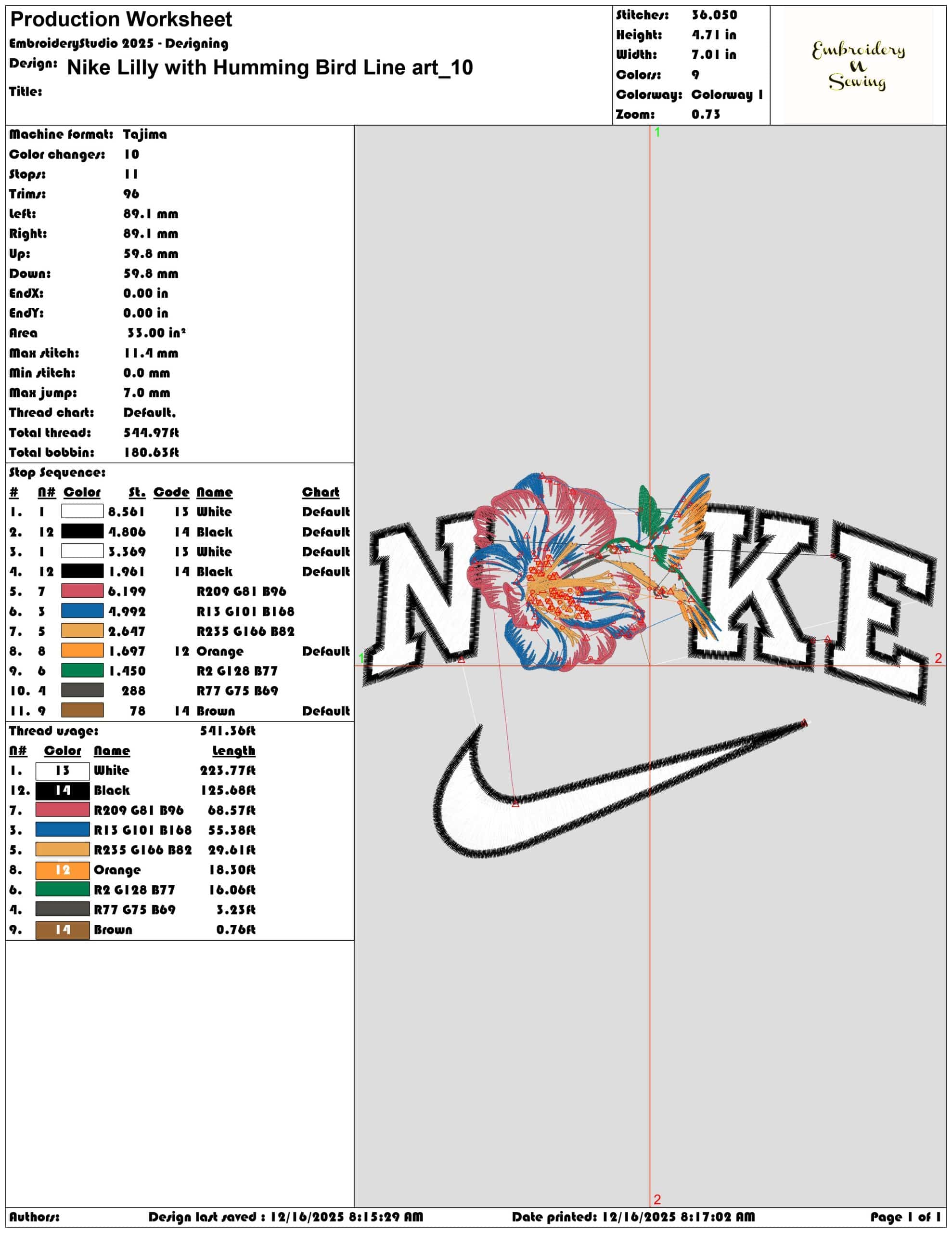 Nike Lilly with Humming Bird Line art- Elegant embroidery design file - instant download — view 3