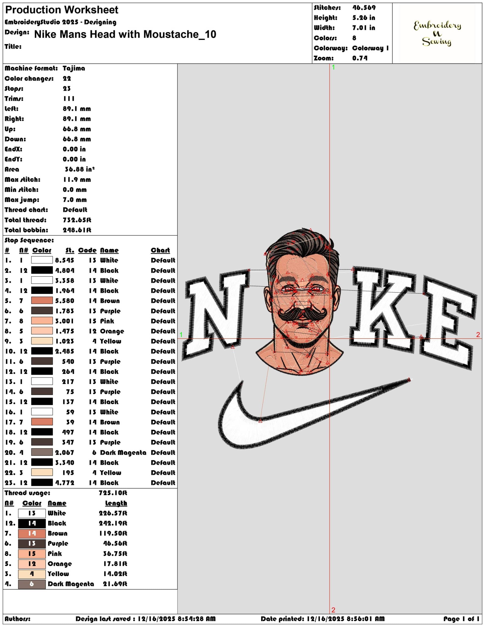 Nike Mans Head with Moustache- Elegant embroidery design file - instant download — view 3