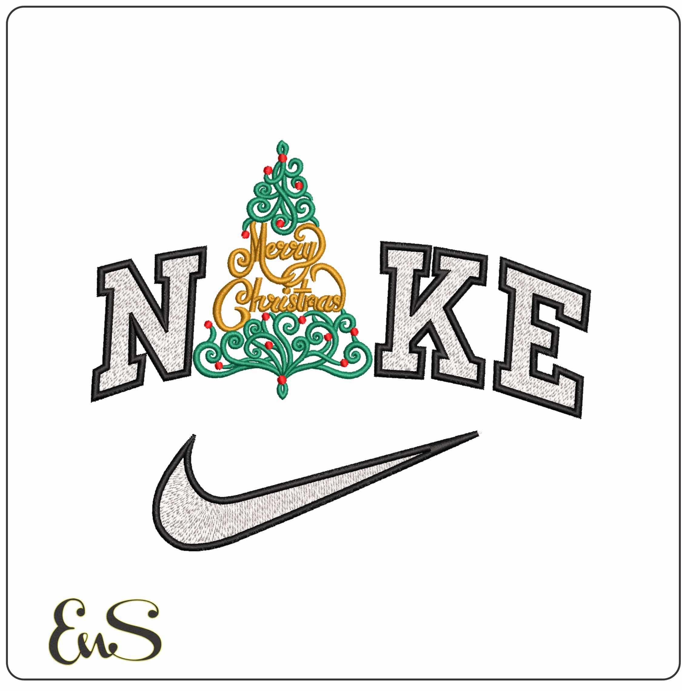 Nike Merry Christmas in Xmas Tree- Elegant embroidery design file - instant download