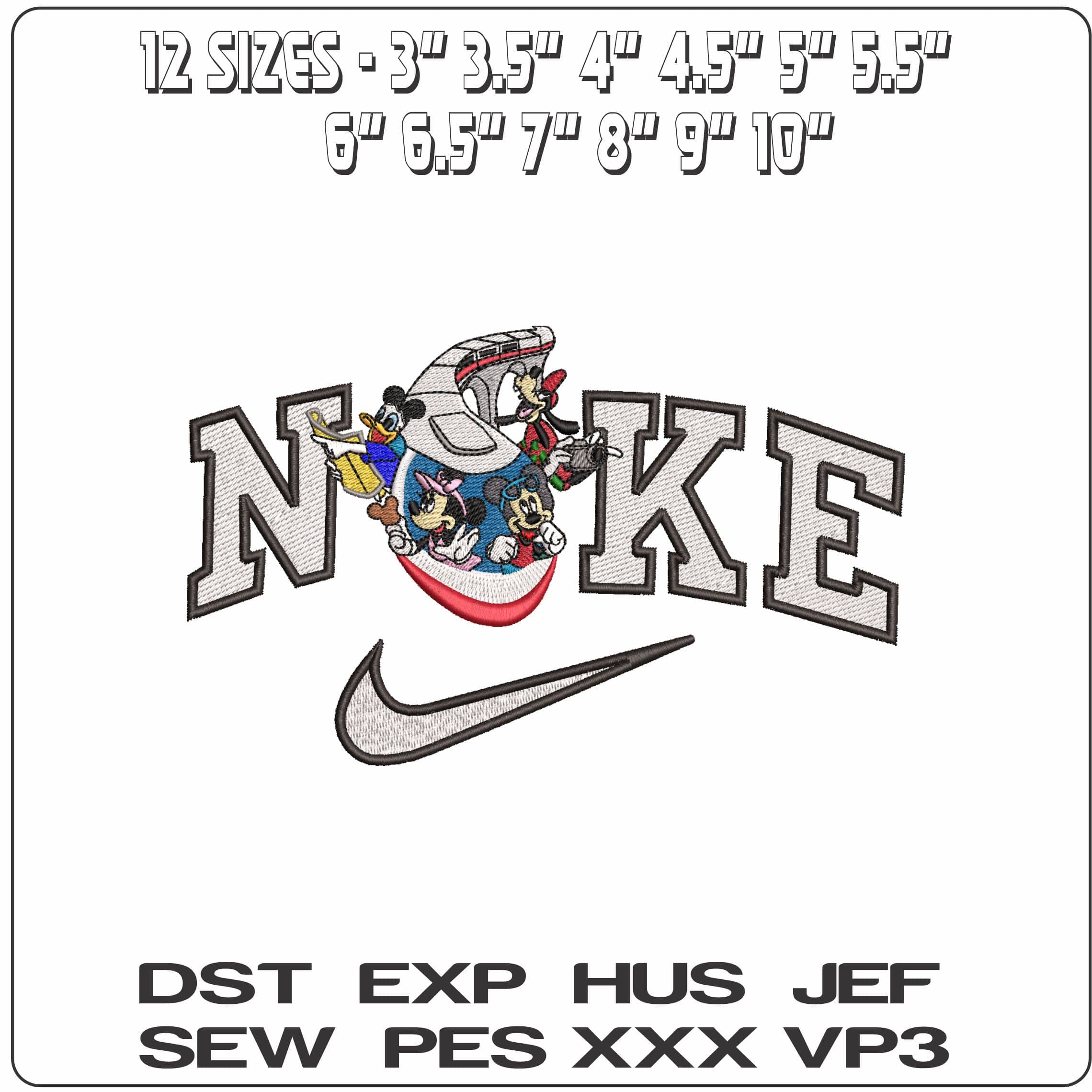 Nike Mickey mouse and Family on High Speed Train- Elegant embroidery design file - instant download — view 2