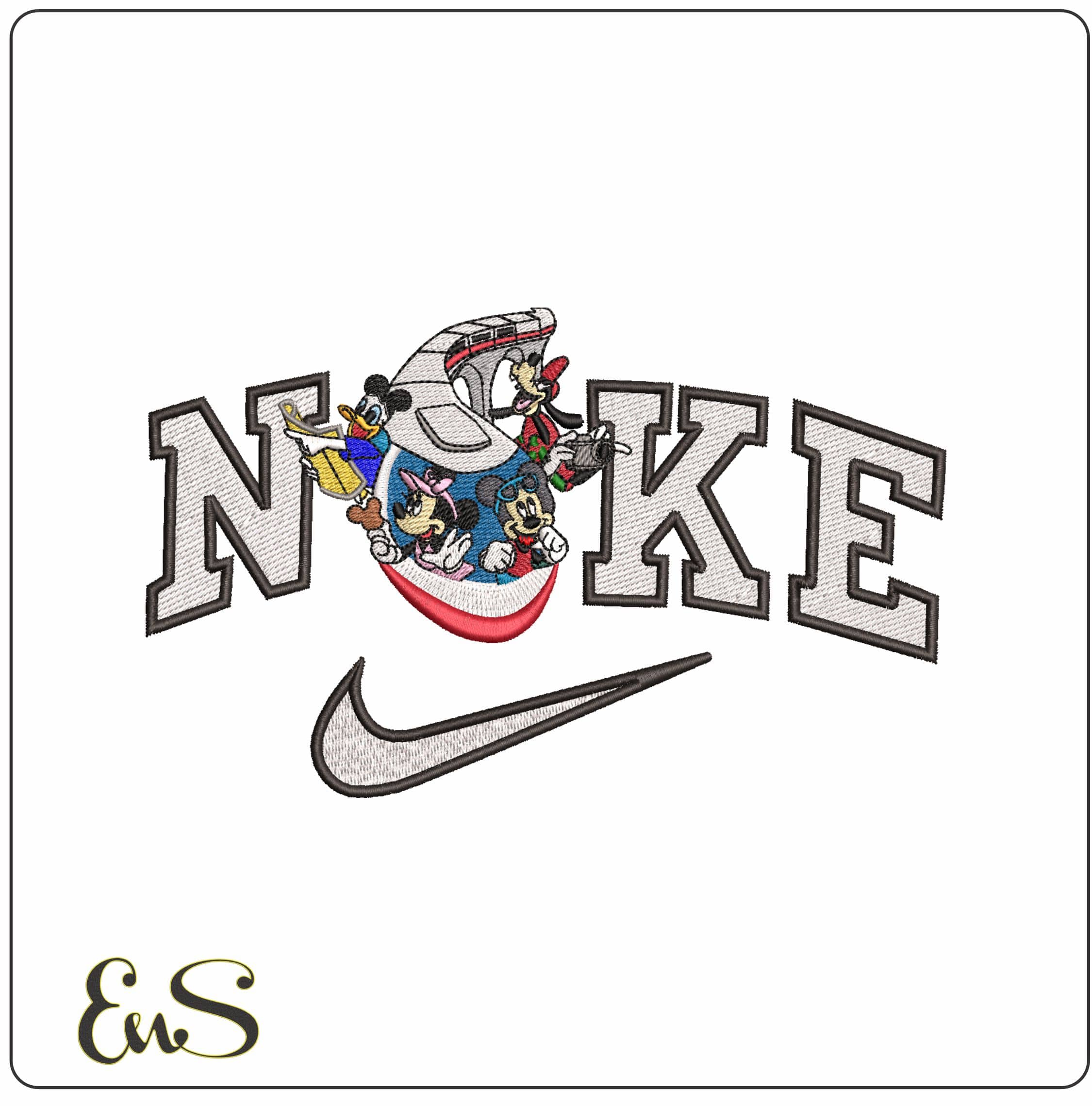 Nike Mickey mouse and Family on High Speed Train- Elegant embroidery design file - instant download