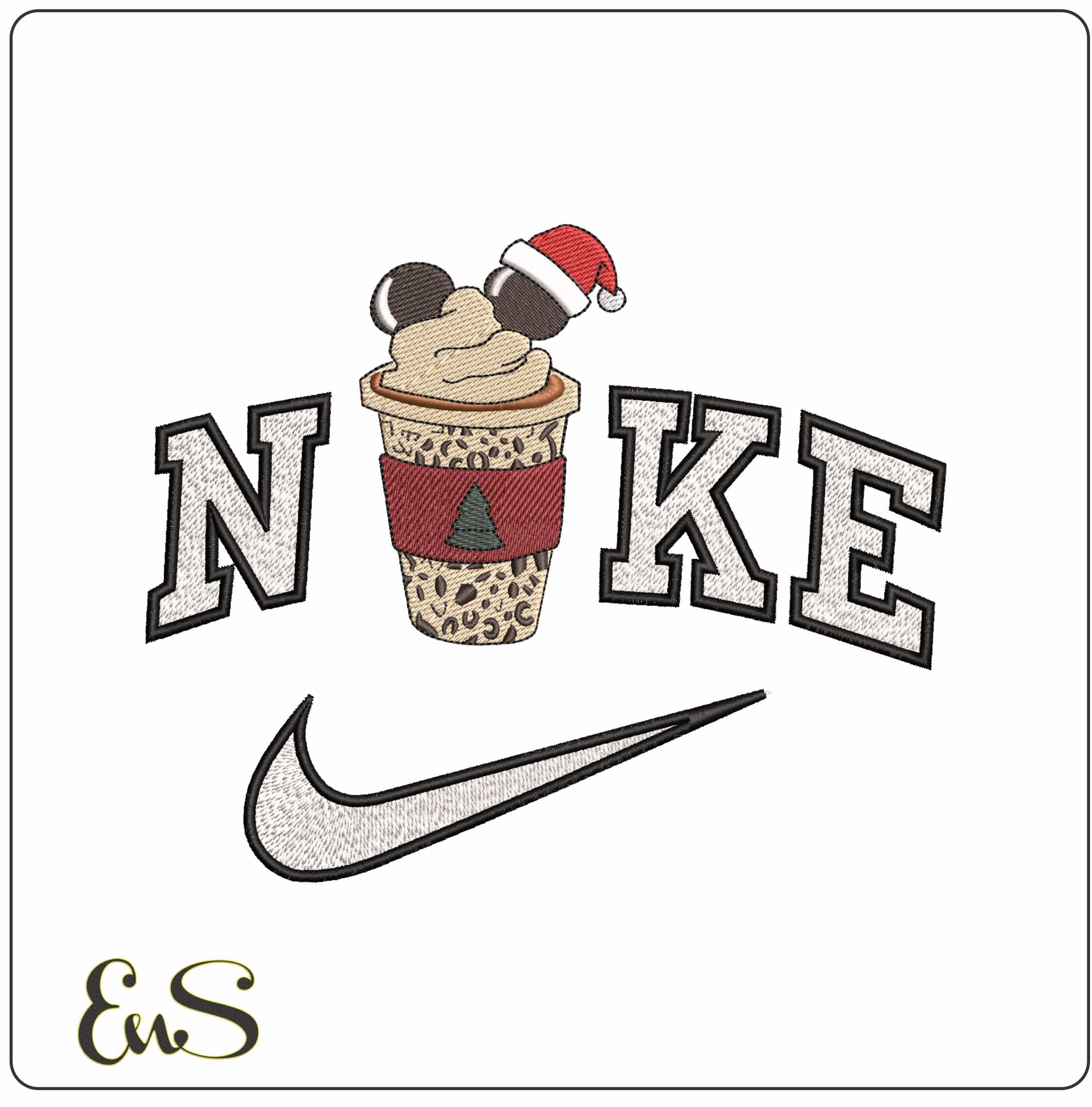 Nike Mickey Mouse Carmel Latte with Christmas tree- Elegant embroidery design file - instant download