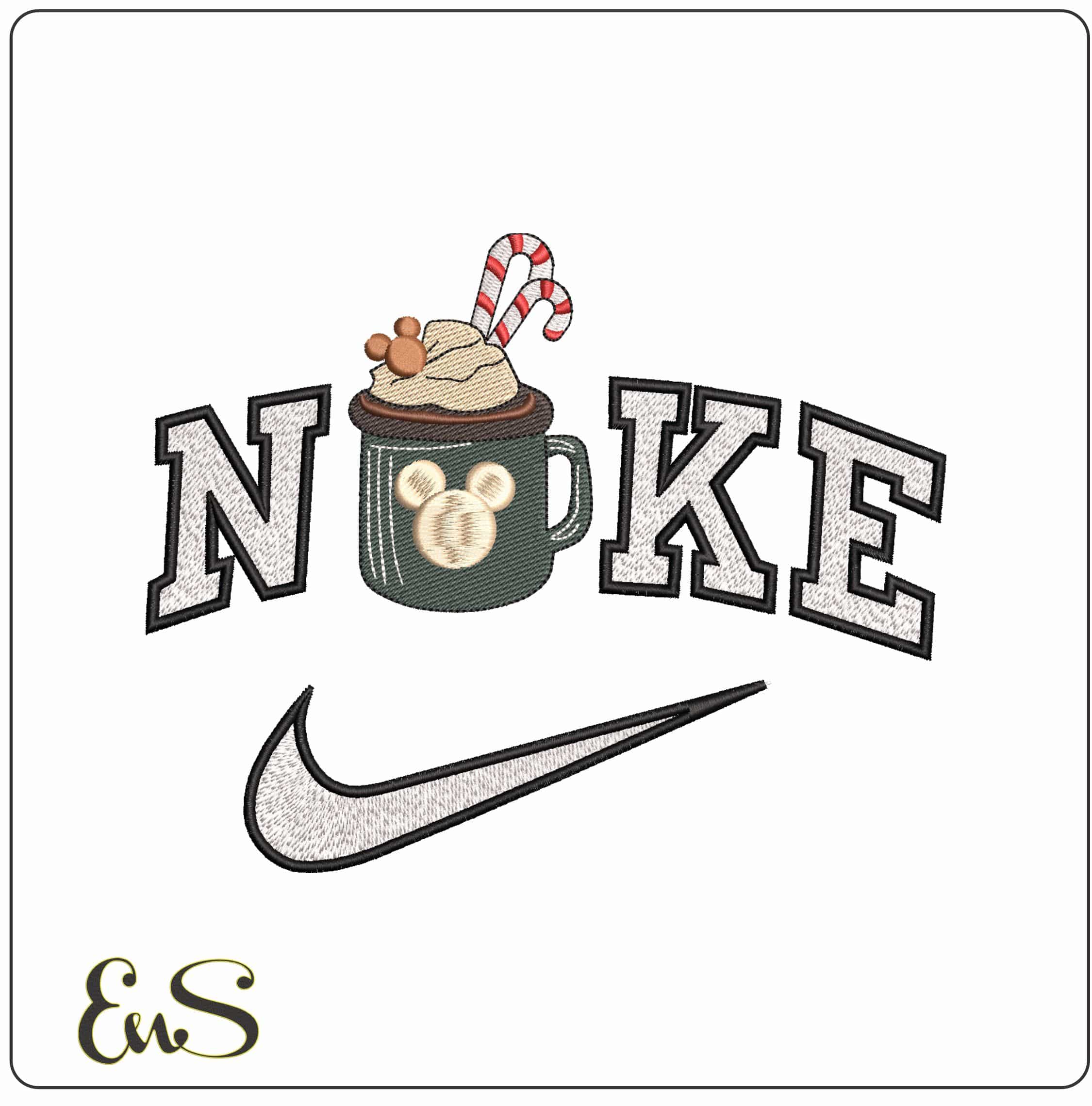 Nike Mickey Mouse Hot Chocolate with Candy Canes- Elegant embroidery design file - instant download