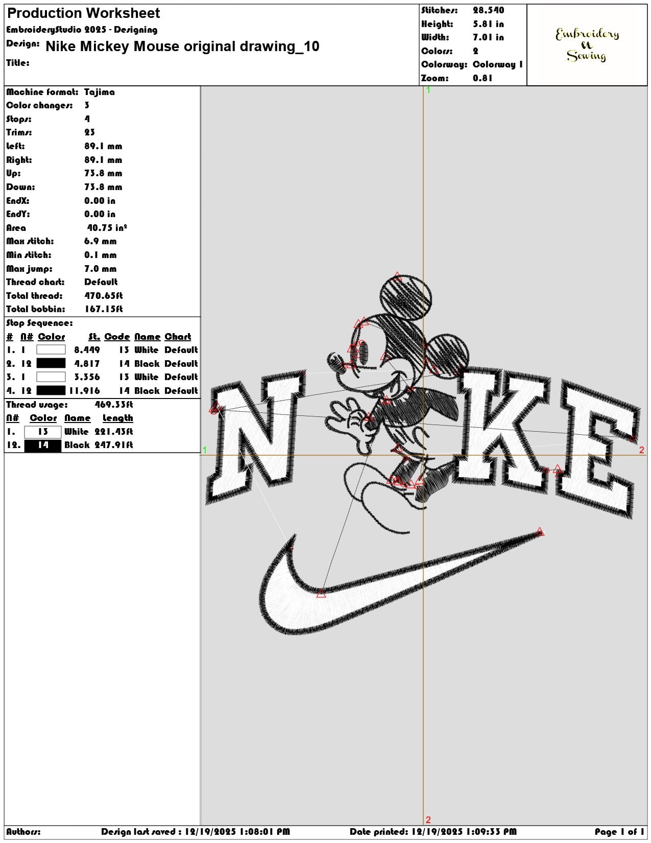 Nike Mickey Mouse original drawing- Elegant embroidery design file - instant download — view 3
