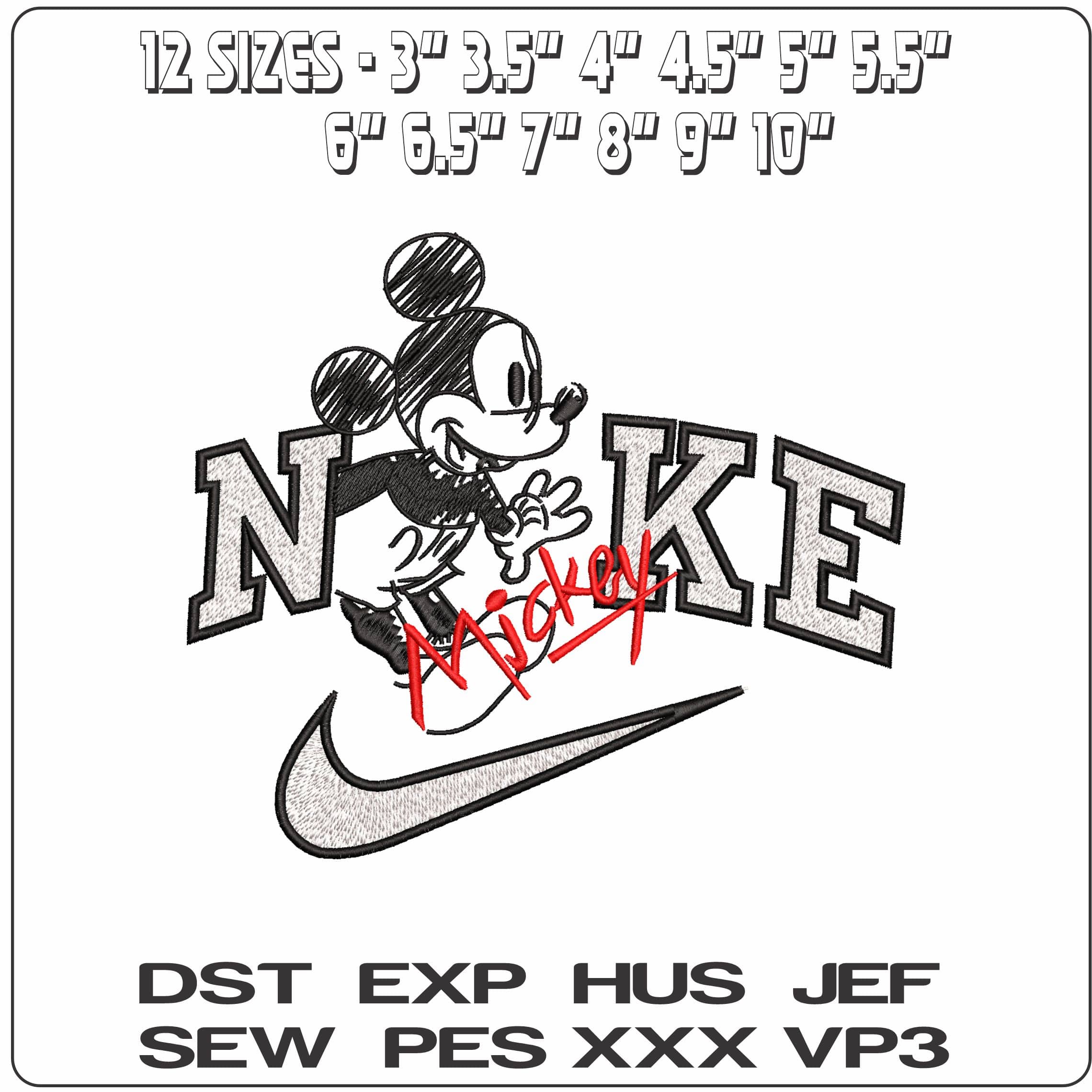 Nike Mickey Mouse original drawing with Name- Elegant embroidery design file - instant download — view 2