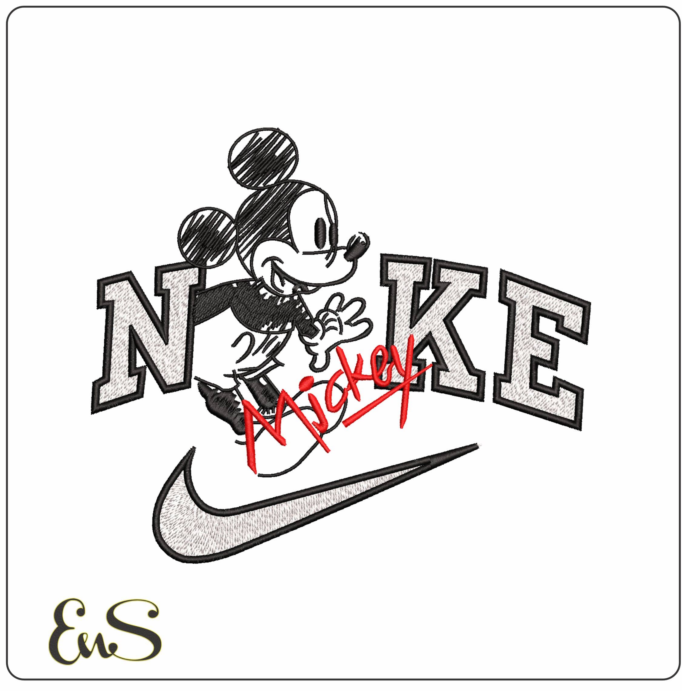 Nike Mickey Mouse original drawing with Name- Elegant embroidery design file - instant download