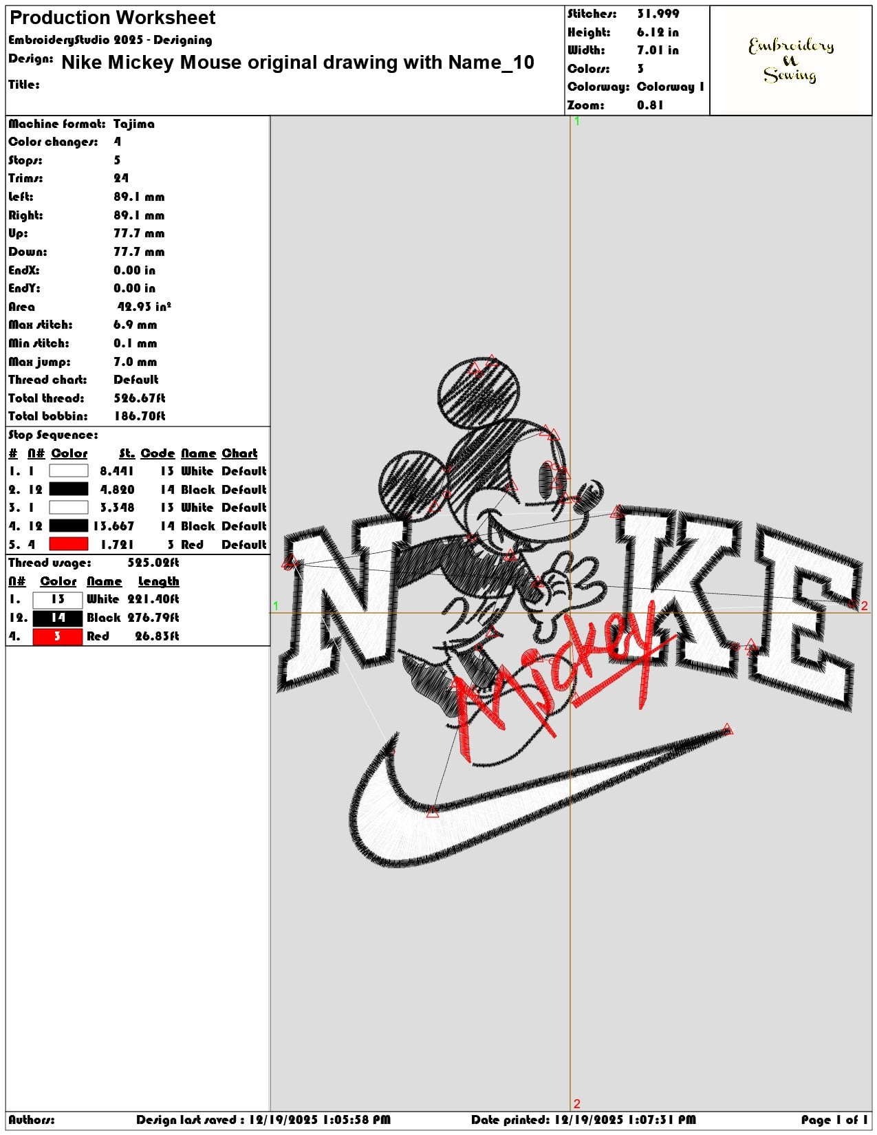 Nike Mickey Mouse original drawing with Name- Elegant embroidery design file - instant download — view 3