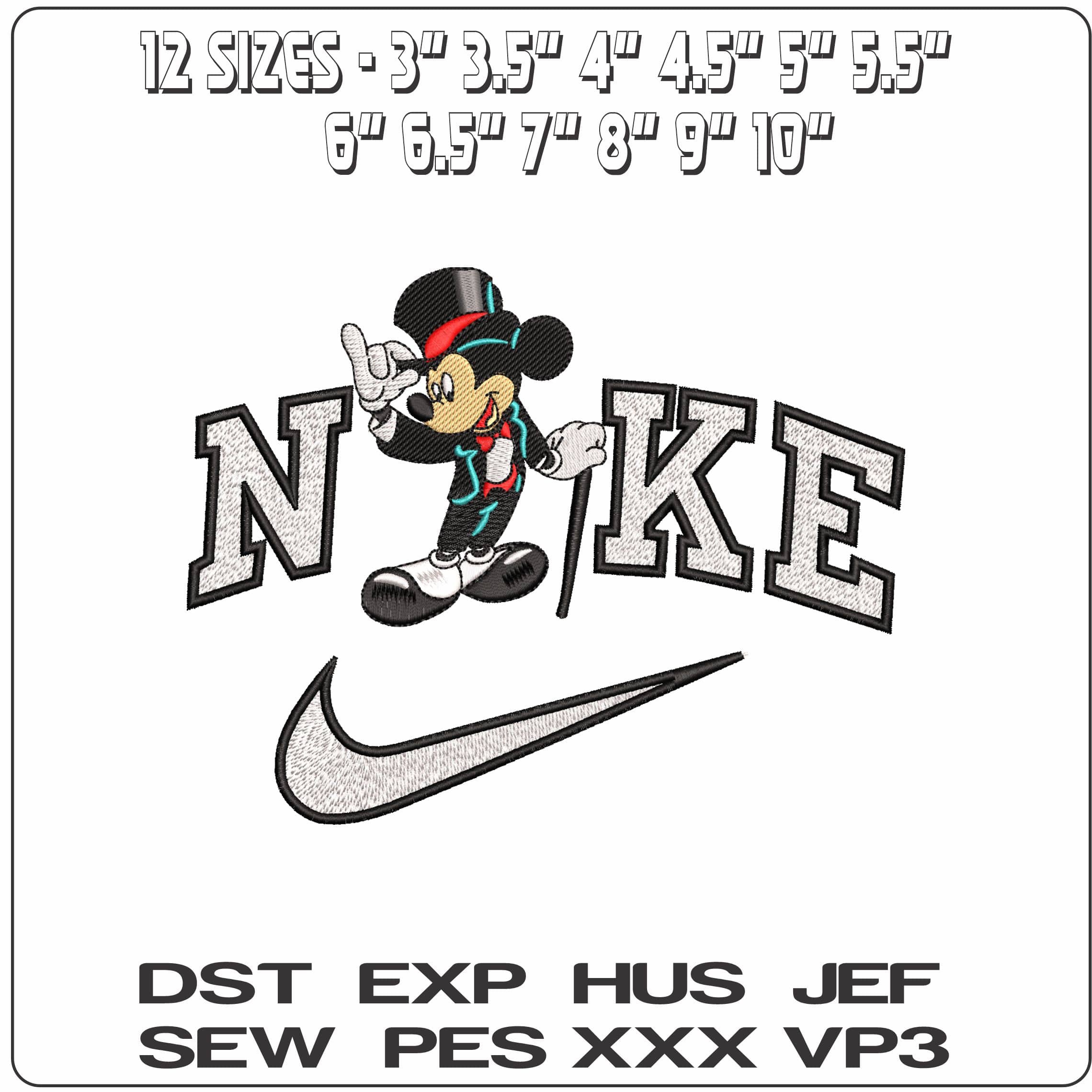 Nike Mickey Mouse Top Hat and Tales- Elegant embroidery design file - instant download — view 2