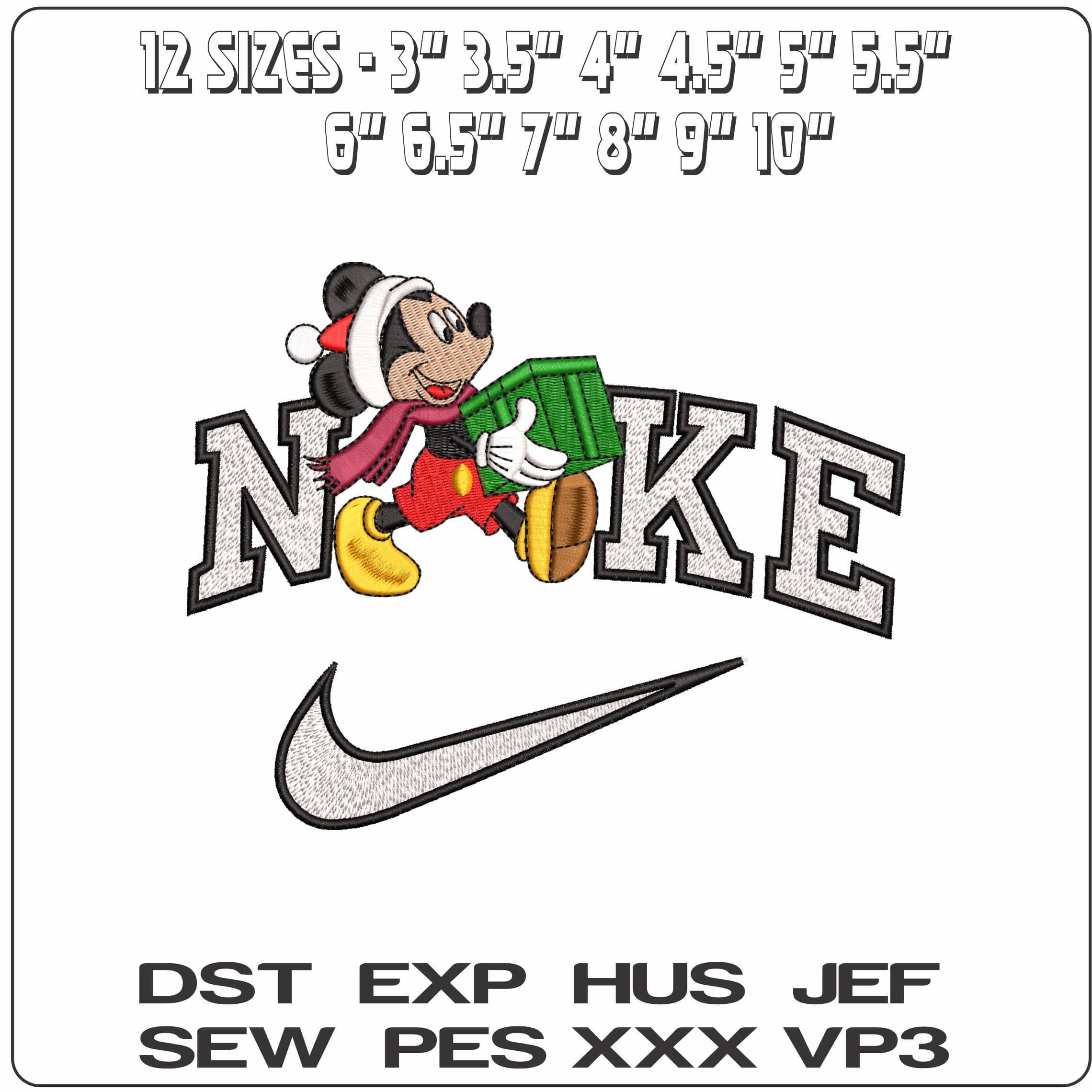 Nike Mickey Mouse with Xmas Present- Elegant embroidery design file - instant download — view 2