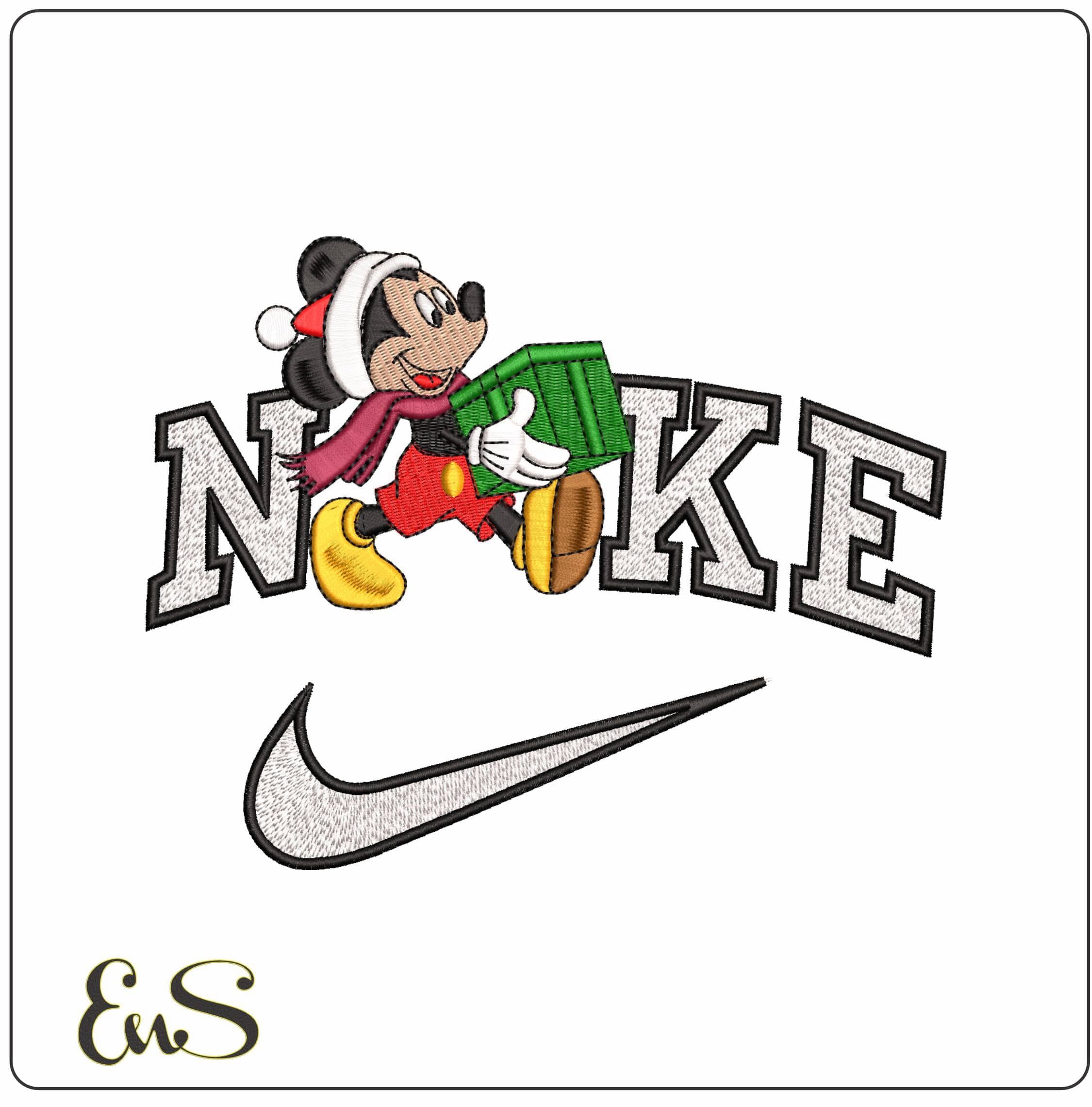Nike Mickey Mouse with Xmas Present- Elegant embroidery design file - instant download