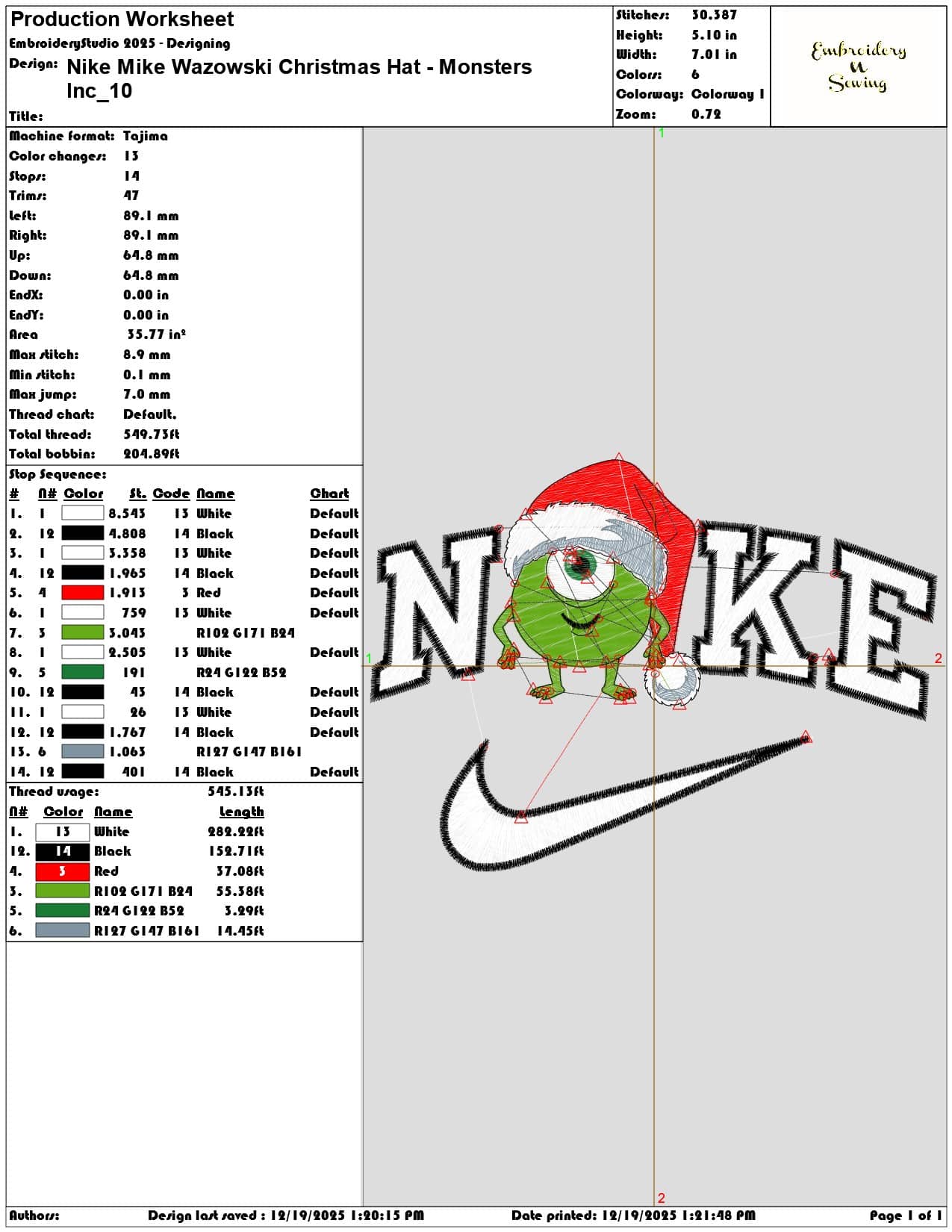 Nike Mike Wazowski Christmas Hat Monsters Inc- Elegant embroidery design file - instant download — view 3