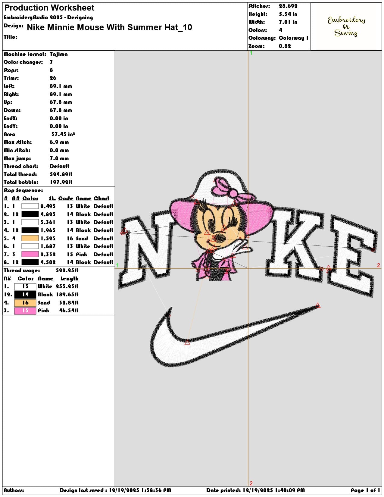 Nike Minnie Mouse With Summer Hat- Elegant embroidery design file - instant download — view 3