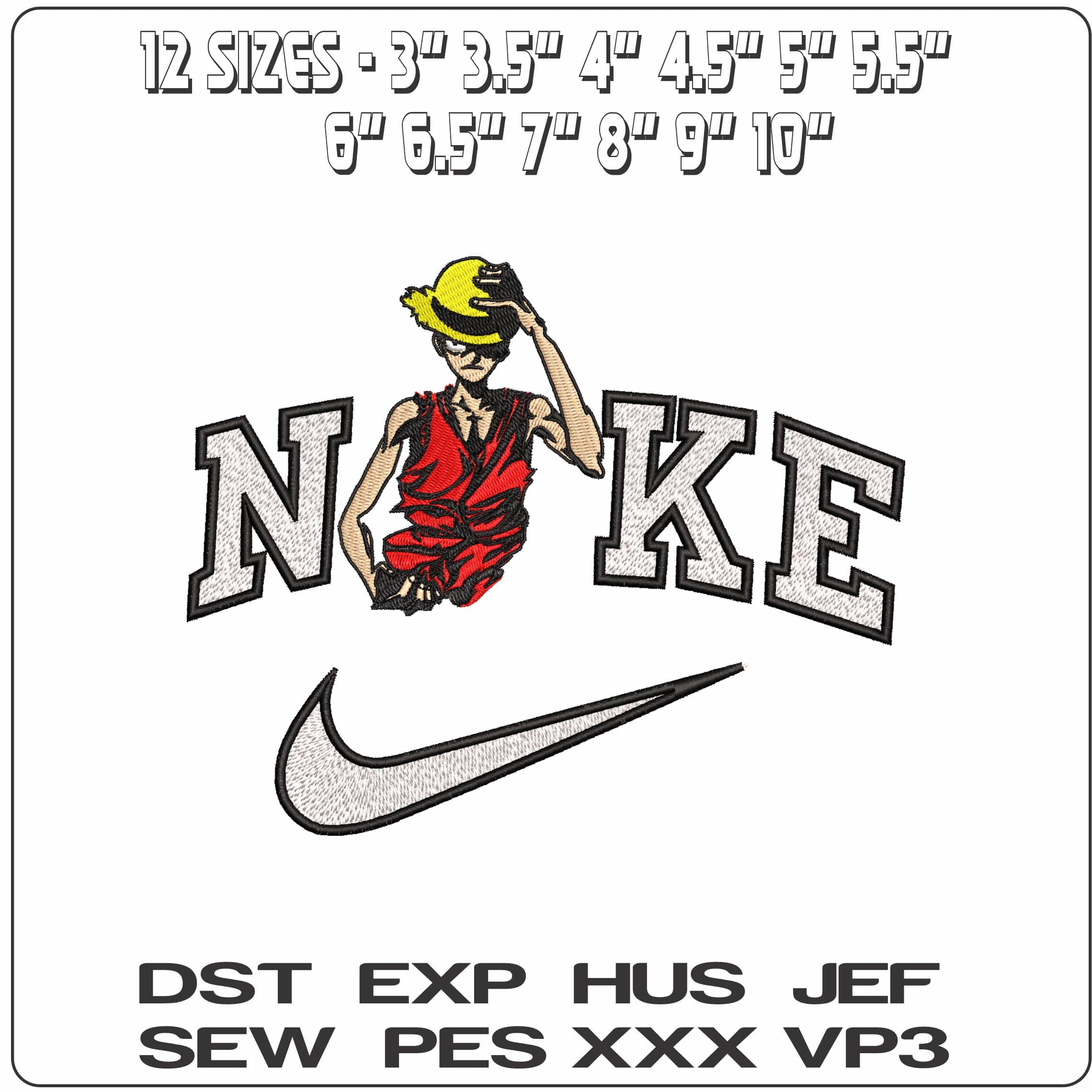 Nike Monkey D Luffy Tilting Hat One Piece Anime- Elegant embroidery design file - instant download — view 2