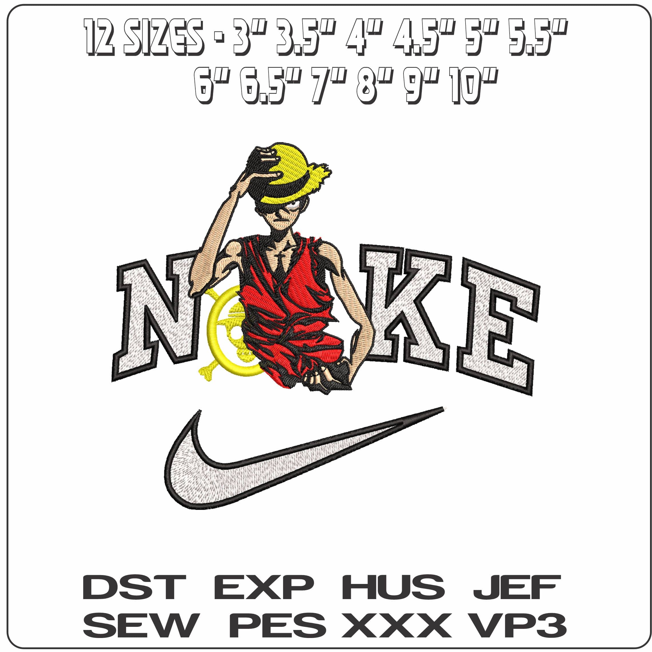 Nike Monkey D Luffy with One Piece Logo Anime- Elegant embroidery design file - instant download — view 2