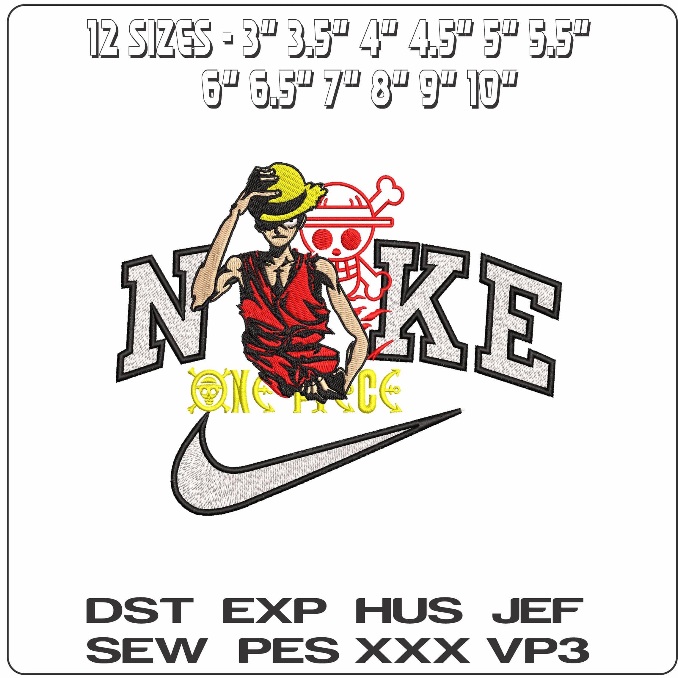 Nike Monkey D Luffy with One Piece name and Logo Anime- Elegant embroidery design file - instant download — view 2