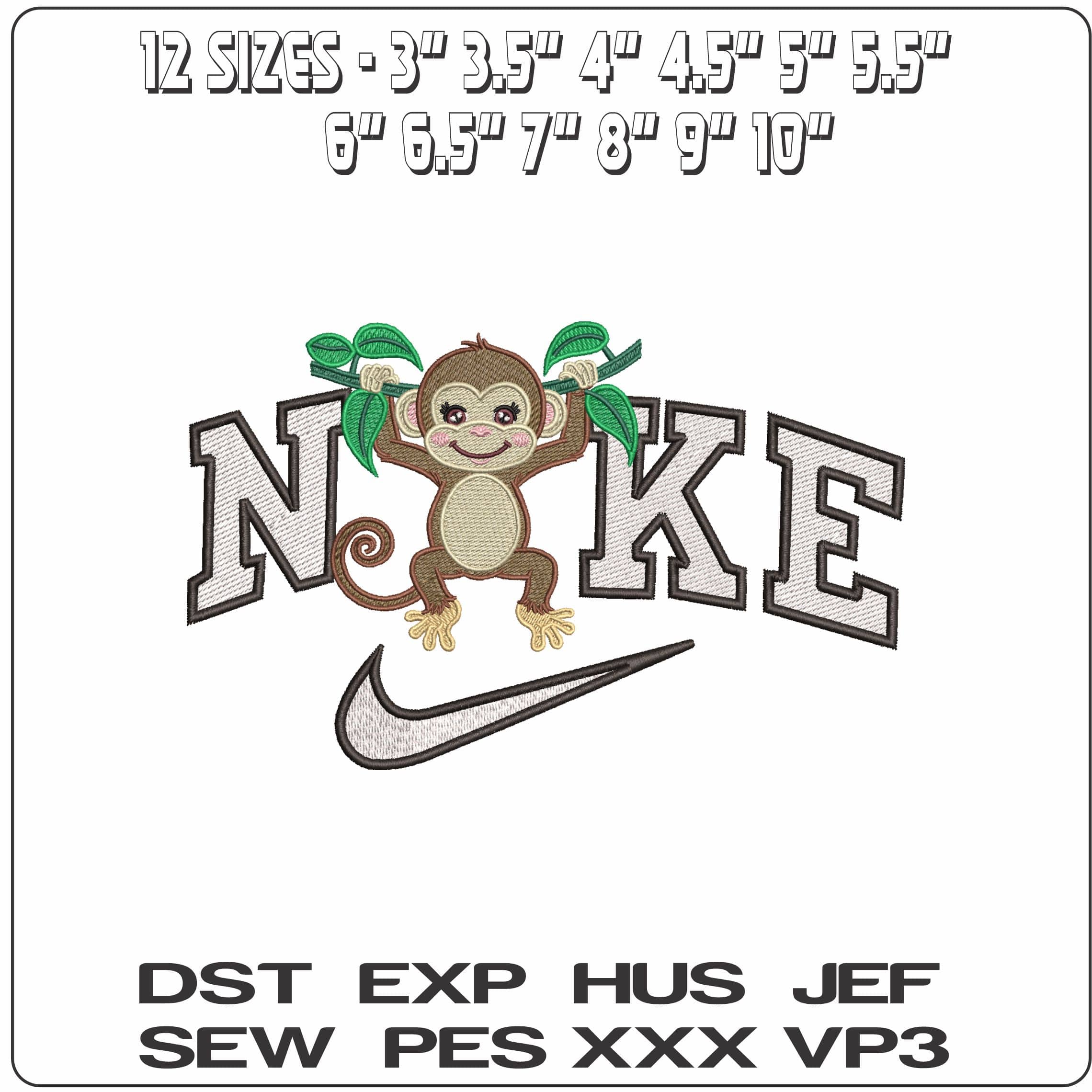 Nike Monkey hanging from Branch- Elegant embroidery design file - instant download — view 2