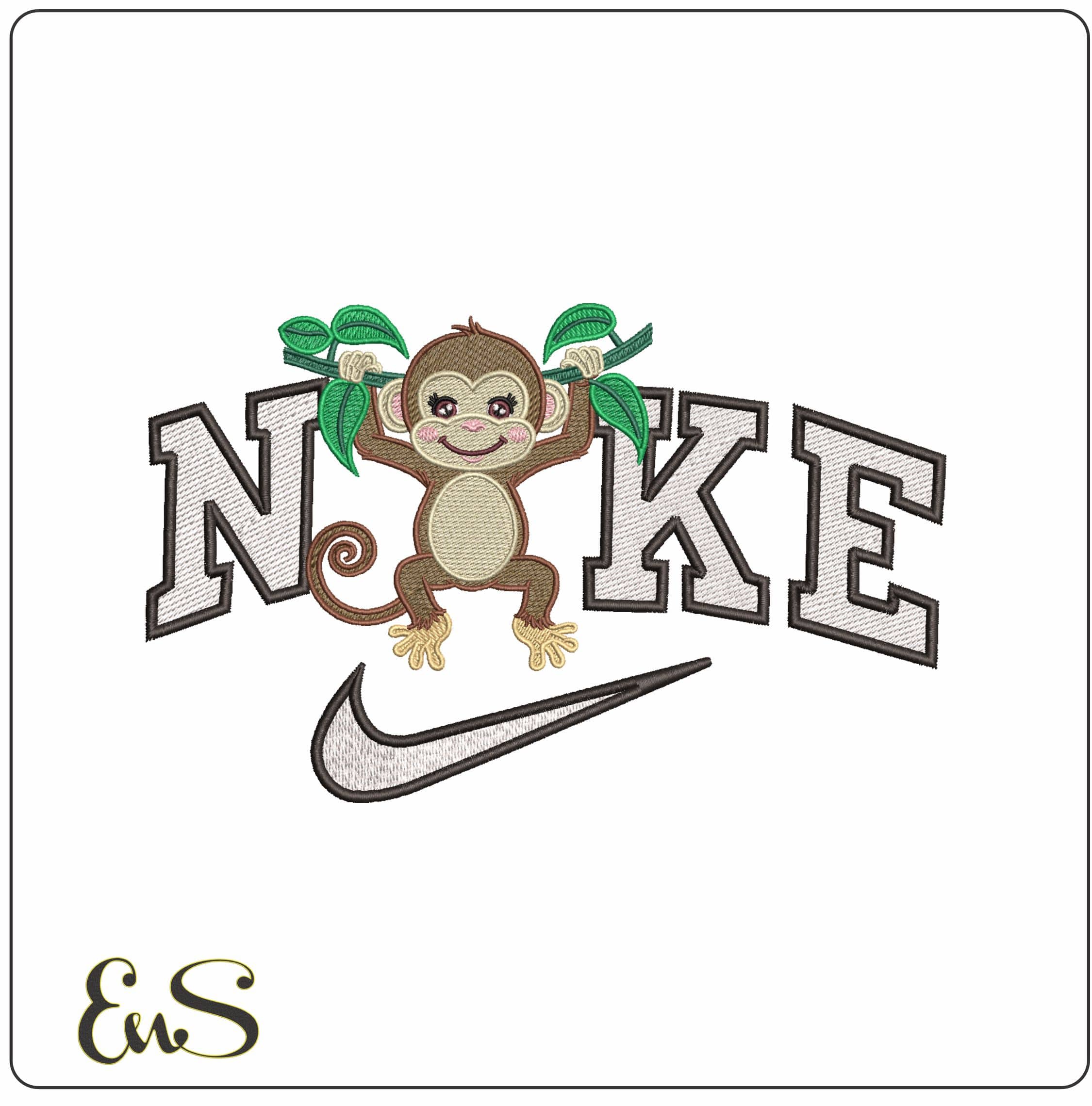Nike Monkey hanging from Branch- Elegant embroidery design file - instant download