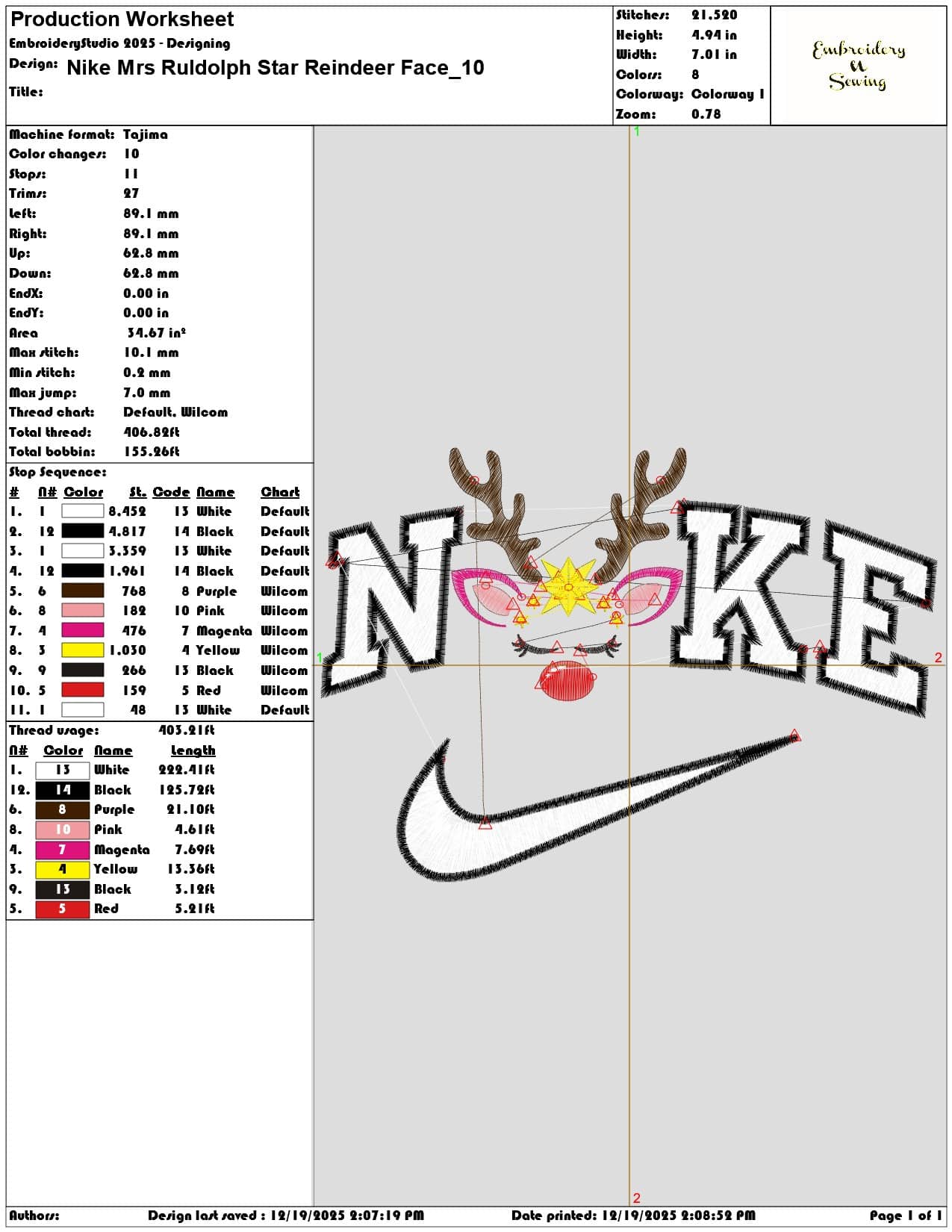 Nike Mrs Ruldolph Star Reindeer Face- Elegant embroidery design file - instant download — view 3