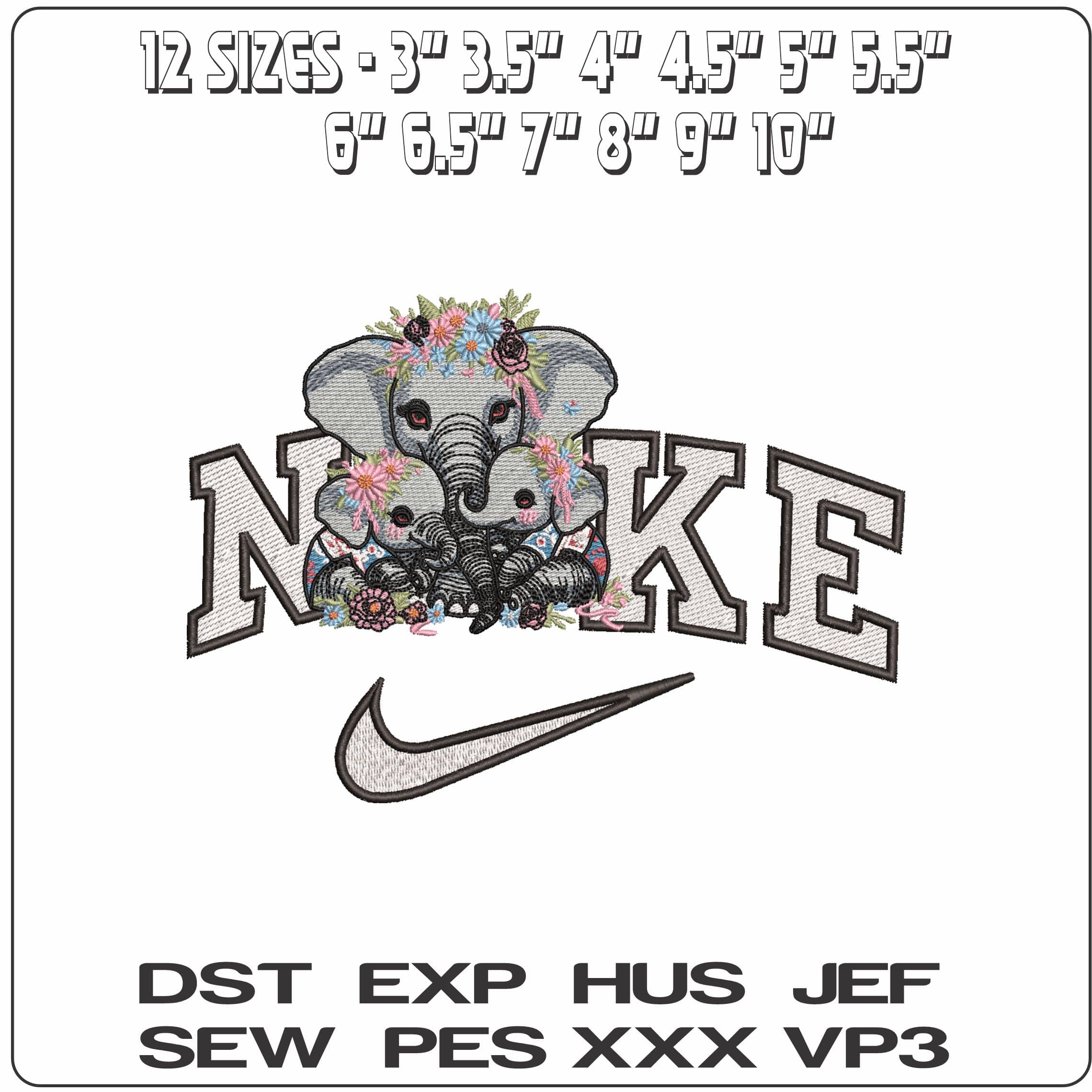 Nike Mummy and baby Elephnts with Flowers- Elegant embroidery design file - instant download — view 2