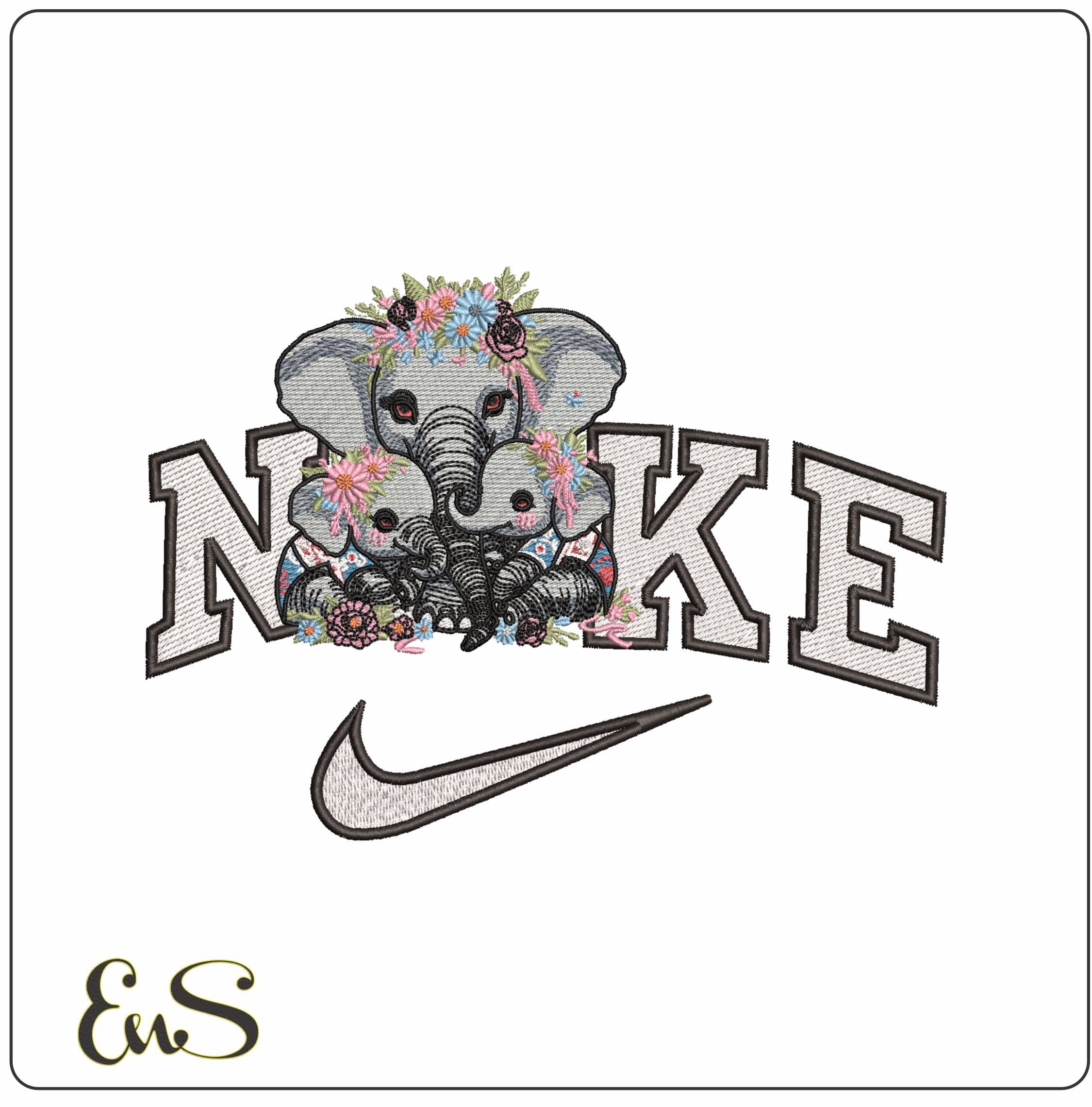 Nike Mummy and baby Elephnts with Flowers- Elegant embroidery design file - instant download
